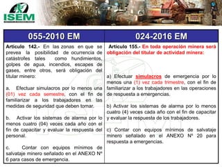 055-2010 EM 024-2016 EM
Artículo 142.- En las zonas en que se
prevea la posibilidad de ocurrencia de
catástrofes tales como hundimientos,
golpes de agua, incendios, escapes de
gases, entre otros, será obligación del
titular minero:
a. Efectuar simulacros por lo menos una
(01) vez cada semestre, con el fin de
familiarizar a los trabajadores en las
medidas de seguridad que deben tomar.
b. Activar los sistemas de alarma por lo
menos cuatro (04) veces cada año con el
fin de capacitar y evaluar la respuesta del
personal.
c. Contar con equipos mínimos de
salvataje minero señalado en el ANEXO Nº
6 para casos de emergencia.
Artículo 155.- En toda operación minera será
obligación del titular de actividad minera:
a) Efectuar simulacros de emergencia por lo
menos una (1) vez cada trimestre, con el fin de
familiarizar a los trabajadores en las operaciones
de respuesta a emergencias.
b) Activar los sistemas de alarma por lo menos
cuatro (4) veces cada año con el fin de capacitar
y evaluar la respuesta de los trabajadores.
c) Contar con equipos mínimos de salvataje
minero señalado en el ANEXO Nº 20 para
respuesta a emergencias.
 