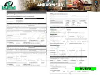 149
ANEXO N° 23
AÑO MES
MARCAR CON UNA (X) EN LO QUE CORRESPONDA (Para ser llenado por el Centro Médico Asistencial)
AVISO DE ACCIDENTE NO MORTAL AVISO DE ENFERMEDADES OCUPACIONALES
1. FECHA DE PRESENTACIÓN
DIA MES AÑO
2. RUC 3. DENOMINACIÓN SOCIAL
3.A NOMBRE DE LA CONCESIÓN MINERA Y/O UEA
LLENAR EN CASO DEMINERÍA CÓDIGO CONCESIÓN MINERA
3.B CÓDIGO OSINERGMIN
LLENAR EN CASO DEHIDROCARBUROS LÍQUIDOS YGAS NATURAL REGISTRO DGH
4. TAMAÑO DE EMPRESA (TABLA N°1 DE ANEXO 31)
5. DOMICILIO PRINCIPAL
6. DEPARTAMENTO 7. PROVINCIA 8. DISTRITO UBIGEO (no llenar)
9. ACTIVIDAD ECONOMICA PRINCIPAL (DETALLAR) CIIU (TABLA N°2 DE ANEXO 31) ER (no llenar)
10. N° DE TRABAJADORES 11. COD. PROV. Y N° TELÉFONO
M F
12. RUC 13. DENOMINACIÓN SOCIAL
13.A NOMBRE DE LA CONCESIÓN MINERA Y/O UEA
LLENAR EN CASO DEMINERÍA CÓDIGO CONCESIÓN MINERA
13.B CÓDIGO OSINERGMIN
LLENAR EN CASO DEHIDROCARBUROS LÍQUIDOS YGAS NATURAL REGISTRO DGH
14. TAMAÑO DE EMPRESA (TABLA N°1 DE ANEXO 31)
15. DOMICILIO PRINCIPAL
16. DEPARTAMENTO 17. PROVINCIA 18. DISTRITO UBIGEO (no llenar)
19. ACTIVIDAD ECONÓMICA (DETALLAR) CIIU (TABLA N°2 DE ANEXO 31) ER (no llenar)
20. N° DE TRABAJADORES 21. COD. PROV. Y N° TELÉFONO
M F
22. DNI / CE
23.A APELLIDOS 23.B NOMBRES
24. DOMICILIO
ANEXO N° 23
NOTIFICACIÓN DE LOS ACCIDENTES DE TRABAJO NO MORTALES Y ENFERMEDADES OCUPACIONALES
III. DATOS DEL TRABAJADOR
I. DATOS DE LA EMPRESA USUARIA (TITULAR DE ACTIVIDAD MINERA DONDE SE EJECUTAN LAS LABORES)
II. DATOS DEL EMPLEADOR (EMPRESA CONTRATISTA AL QUE PERTENECE EL TRABAJADOR)
14. TAMAÑO DE EMPRESA (TABLA N°1 DE ANEXO 31)
15. DOMICILIO PRINCIPAL
16. DEPARTAMENTO 17. PROVINCIA 18. DISTRITO UBIGEO (no llenar)
19. ACTIVIDAD ECONÓMICA (DETALLAR) CIIU (TABLA N°2 DE ANEXO 31) ER (no llenar)
20. N° DE TRABAJADORES 21. COD. PROV. Y N° TELÉFONO
M F
22. DNI / CE
23.A APELLIDOS 23.B NOMBRES
24. DOMICILIO
25. DEPARTAMENTO 26. PROVINCIA 27. DISTRITO 28. UBIGEO (no llenar)
29. CATEGORÍA OCUPACIONAL (TABLA N° 3 DE ANEXO 31) 30. ASEGURADO 31. ESSALUD 32. EPS 33. EDAD
SI NO
34. SCTR 35. GÉNERO
SI NO M F
36. FECHA DEL ACCIDENTE 37. HORA DEL ACCIDENTE
DIA MES AÑO H MM
38. TIPO DEL ACCIDENTE (TABLA N°4 DE ANEXO 31) 39. AGENTE CAUSANTE (TABLA N° 5 DE ANEXO 31)
CERTIFICACIÓN MÉDICA
40. RUC 41. FECHA DE INGRESO
DIA MES AÑO
42. CENTRO MÉDICO ASISTENCIAL
42.A TIPO DE CENTRO MÉDICO ASISTENCIAL
PÚBLICO PRIVADO MILITAR POLICIAL SEGURIDAD SOCIAL
43. PARTE DEL CUERPO AFECTADO (TABLA N°6 DE ANEXO 31) 44. NATURALEZA DE LA LESIÓN (TABLA N° 7 DE ANEXO 31)
CONSECUENCIAS DEL ACCIDENTE
45. ACCIDENTE LEVE
46. ACCIDENTE INCAPACITANTE:
46.1 TOTAL TEMPORAL 46.2 PARCIAL TEMPORAL 46.3 PARCIAL PERMANENTE 46.4 TOTAL PERMANENTE
47. ACCIDENTE MORTAL
48. FECHA DE FALLECIMIENTO
DIA MES AÑO
FACTOR DEL RIESGO CAUSANTE (Marcar con X los recuadros que corresponda)
49. FÍSICOS 50. QUÍMICOS 51. BIOLÓGICOS 52. DISERGONÓMICOS 53. PSICO-SOCIALES
54. NOMBRE Y NATURALEZA DE LA ENFERMEDAD PROFESIONAL U OCUPACIONAL
CERTIFICACIÓN MÉDICA
55. RUC 56. FECHA DE INGRESO
DIA MES AÑO
57. CENTRO MÉDICO ASISTENCIAL
57.A TIPO DE CENTRO MEDICO ASISTENCIAL
PÚBLICO PRIVADO MILITAR POLICIAL SEGURIDAD SOCIAL
58. ENFERMEDAD PROFESIONAL U OCUPACIONAL (TABLA N°8 DE ANEXO 31)
III. DATOS DEL TRABAJADOR
V. DATOS DE LA ENFERMEDAD PROFESIONAL U OCUPACIONAL
IV. DATOS DEL ACCIDENTE DE TRABAJO ( NO MORTAL)
CIE 10
NUEVO
 