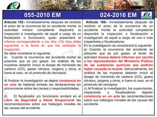 055-2010 EM 024-2016 EM
Artículo 155.- Inmediatamente después de recibido
el aviso de la ocurrencia de un accidente mortal, la
autoridad minera competente dispondrá la
inspección e investigación de aquél a cargo de un
fiscalizador o funcionario, quien presentará el
informe correspondiente a los diez (10) días útiles
siguientes a la fecha en que fue realizada la
inspección.
Se debe considerar lo siguiente:
a) Cuando la ocurrencia del accidente mortal se
presume que es por gases, los análisis de las
muestras deberán incluir el dosaje de monóxido de
carbono (CO), gases nitrosos, oxígeno y otros, si
fuera el caso, en el protocolo de necropsia.
…
Al finalizar la investigación se dejará constancia en
un acta de haberse tomado las declaraciones sin
pronunciarse sobre las causas o responsabilidades.
….
d) El fiscalizador y/o funcionario anotará en el
Libro de Seguridad y Salud Ocupacional las
recomendaciones sobre sus hallazgos iniciales de
las causas del accidente.
Artículo 169.- Inmediatamente después de
recibido el aviso de la ocurrencia de un
accidente mortal la autoridad competente
dispondrá la inspección o fiscalización e
investigación de aquél a cargo de uno o más
inspectores o fiscalizadores.
En la investigación se considerará lo siguiente:
a) Cuando la ocurrencia del accidente se
presume que es por gases, el titular de
actividad minera deberá informar por escrito
a los representantes del Ministerio Público
de las sustancias químicas que podrían
haber causado la muerte. Adicionalmente, los
análisis de las muestras deberán incluir el
dosaje de monóxido de carbono (CO), gases
nitrosos, oxígeno y otros, si fuera el caso, en el
protocolo de necropsia
c) Al finalizar la investigación, los supervisores,
inspectores o fiscalizadores dejarán
constancia en un acta las recomendaciones
sobre sus hallazgos iniciales de las causas del
accidente.
 
