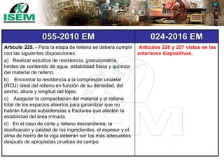 055-2010 EM 024-2016 EM
Artículo 225. - Para la etapa de relleno se deberá cumplir
con las siguientes disposiciones:
a) Realizar estudios de resistencia, granulometría,
límites de contenido de agua, estabilidad física y química
del material de relleno.
b) Encontrar la resistencia a la compresión uniaxial
(RCU) ideal del relleno en función de su densidad, del
ancho, altura y longitud del tajeo.
c) Asegurar la compactación del material y el relleno
total de los espacios abiertos para garantizar que no
habrán futuras subsidencias o fracturas que afecten la
estabilidad del área minada.
d) En el caso de corte y relleno descendente, la
dosificación y calidad de los ingredientes, el espesor y el
alma de hierro de la viga deberán ser los más adecuados
después de apropiadas pruebas de campo.
Artículos 226 y 227 vistos en las
anteriores diapositivas.
 