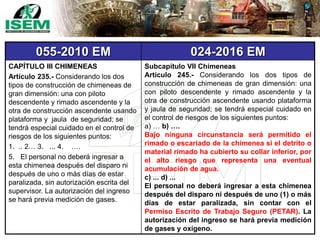 055-2010 EM 024-2016 EM
CAPÍTULO III CHIMENEAS
Artículo 235.- Considerando los dos
tipos de construcción de chimeneas de
gran dimensión: una con piloto
descendente y rimado ascendente y la
otra de construcción ascendente usando
plataforma y jaula de seguridad; se
tendrá especial cuidado en el control de
riesgos de los siguientes puntos:
1. .. 2… 3. ... 4. ….
5. El personal no deberá ingresar a
esta chimenea después del disparo ni
después de uno o más días de estar
paralizada, sin autorización escrita del
supervisor. La autorización del ingreso
se hará previa medición de gases.
Subcapítulo VII Chimeneas
Artículo 245.- Considerando los dos tipos de
construcción de chimeneas de gran dimensión: una
con piloto descendente y rimado ascendente y la
otra de construcción ascendente usando plataforma
y jaula de seguridad; se tendrá especial cuidado en
el control de riesgos de los siguientes puntos:
a) … b) ….
Bajo ninguna circunstancia será permitido el
rimado o escariado de la chimenea si el detrito o
material rimado ha cubierto su collar inferior, por
el alto riesgo que representa una eventual
acumulación de agua.
c) ... d) ...
El personal no deberá ingresar a esta chimenea
después del disparo ni después de uno (1) o más
días de estar paralizada, sin contar con el
Permiso Escrito de Trabajo Seguro (PETAR). La
autorización del ingreso se hará previa medición
de gases y oxígeno.
 