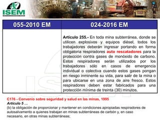 055-2010 EM 024-2016 EM
Artículo 255.- En toda mina subterránea, donde se
utilicen explosivos y equipos diésel, todos los
trabajadores deberán ingresar portando en forma
obligatoria respiradores auto rescatadores para la
protección contra gases de monóxido de carbono.
Estos respiradores serán utilizados por los
trabajadores sólo en casos de emergencia
individual o colectiva cuando estos gases pongan
en riesgo inminente su vida, para salir de la mina o
para ubicarse en una zona de aire fresco. Estos
respiradores deben estar fabricados para una
protección mínima de treinta (30) minutos.
C176 - Convenio sobre seguridad y salud en las minas, 1995
Artículo 5 …
(b) la obligación de proporcionar y mantener en condiciones apropiadas respiradores de
autosalvamento a quienes trabajan en minas subterráneas de carbón y, en caso
necesario, en otras minas subterráneas;
 