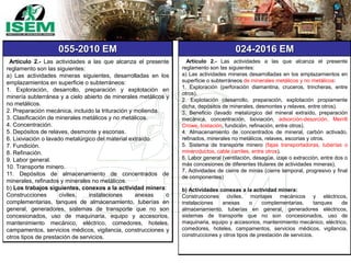 055-2010 EM
Artículo 2.- Las actividades a las que alcanza el presente
reglamento son las siguientes:
a) Las actividades mineras siguientes, desarrolladas en los
emplazamientos en superficie o subterráneos:
1. Exploración, desarrollo, preparación y explotación en
minería subterránea y a cielo abierto de minerales metálicos y
no metálicos.
2. Preparación mecánica, incluido la trituración y molienda.
3. Clasificación de minerales metálicos y no metálicos.
4. Concentración.
5. Depósitos de relaves, desmonte y escorias.
6. Lixiviación o lavado metalúrgico del material extraído.
7. Fundición.
8. Refinación.
9. Labor general.
10. Transporte minero.
11. Depósitos de almacenamiento de concentrados de
minerales, refinados y minerales no metálicos.
b) Los trabajos siguientes, conexos a la actividad minera:
Construcciones civiles, instalaciones anexas o
complementarias, tanques de almacenamiento, tuberías en
general, generadores, sistemas de transporte que no son
concesionados, uso de maquinaria, equipo y accesorios,
mantenimiento mecánico, eléctrico, comedores, hoteles,
campamentos, servicios médicos, vigilancia, construcciones y
otros tipos de prestación de servicios.
024-2016 EM
Artículo 2.- Las actividades a las que alcanza el presente
reglamento son las siguientes:
a) Las actividades mineras desarrolladas en los emplazamientos en
superficie o subterráneos de minerales metálicos y no metálicos:
1. Exploración (perforación diamantina, cruceros, trincheras, entre
otros).
2. Explotación (desarrollo, preparación, explotación propiamente
dicha, depósitos de minerales, desmontes y relaves, entre otros).
3. Beneficio (lavado metalúrgico del mineral extraído, preparación
mecánica, concentración, lixiviación, adsorción-desorción, Merrill
Crowe, tostación, fundición, refinación, entre otros).
4. Almacenamiento de concentrados de mineral, carbón activado,
refinados, minerales no metálicos, relaves, escorias y otros.
5. Sistema de transporte minero (fajas transportadoras, tuberías o
mineroductos, cable carriles, entre otros).
6. Labor general (ventilación, desagüe, izaje o extracción, entre dos o
más concesiones de diferentes titulares de actividades mineras).
7. Actividades de cierre de minas (cierre temporal, progresivo y final
de componentes)
b) Actividades conexas a la actividad minera:
Construcciones civiles, montajes mecánicos y eléctricos,
instalaciones anexas o complementarias, tanques de
almacenamiento, tuberías en general, generadores eléctricos,
sistemas de transporte que no son concesionados, uso de
maquinaria, equipo y accesorios, mantenimiento mecánico, eléctrico,
comedores, hoteles, campamentos, servicios médicos, vigilancia,
construcciones y otros tipos de prestación de servicios.
 