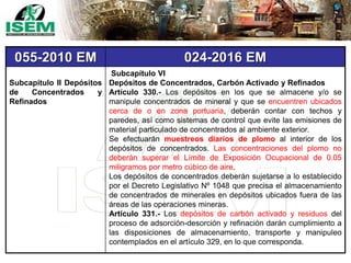 055-2010 EM 024-2016 EM
Subcapítulo II Depósitos
de Concentrados y
Refinados
Subcapítulo VI
Depósitos de Concentrados, Carbón Activado y Refinados
Artículo 330.- Los depósitos en los que se almacene y/o se
manipule concentrados de mineral y que se encuentren ubicados
cerca de o en zona portuaria, deberán contar con techos y
paredes, así como sistemas de control que evite las emisiones de
material particulado de concentrados al ambiente exterior.
Se efectuarán muestreos diarios de plomo al interior de los
depósitos de concentrados. Las concentraciones del plomo no
deberán superar el Límite de Exposición Ocupacional de 0.05
miligramos por metro cúbico de aire.
Los depósitos de concentrados deberán sujetarse a lo establecido
por el Decreto Legislativo Nº 1048 que precisa el almacenamiento
de concentrados de minerales en depósitos ubicados fuera de las
áreas de las operaciones mineras.
Artículo 331.- Los depósitos de carbón activado y residuos del
proceso de adsorción-desorción y refinación darán cumplimiento a
las disposiciones de almacenamiento, transporte y manipuleo
contemplados en el artículo 329, en lo que corresponda.
 