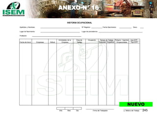 245
ANEXO N° 16
Apellidos y Nombres: _____________________________________________ Nº Registro: ______________Fecha Nacimiento: ______________ Sexo: ____
Lugar de Nacimiento: _____________________________________________ Lugar de procedencia __________________________________________________
Profesión: ________________________________________________________
________________________________ _______________________
Uso EPP
Subsuelo
HISTORIA OCUPACIONAL
Empresas
Actividades de la Área de Ocupación Tiempo de Trabajo Peligros / Agentes
OcupacionalesFecha de Inicio Tipo EPP
p. Médico del Trabajo
Empresa TrabajoAltitud Superficie
Año Mes Día Firma del Trabajador
NUEVO
 