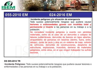 055-2010 EM 024-2016 EM
Incidente peligroso y/o situación de emergencia
Todo suceso potencialmente riesgoso que pudiera causar
lesiones o enfermedades graves con invalidez total y
permanente o muerte a las personas en su trabajo o a la
población.
Se considera incidente peligroso a evento con pérdidas
materiales, como es el caso de un derrumbe o colapso de
labores subterráneas, derrumbe de bancos en tajos abiertos,
atrapamiento de personas sin lesiones (dentro, fuera, entre,
debajo), caída de jaula y skip en un sistema de izaje, colisión
de vehículos, derrumbe de construcciones, desplome de
estructuras, explosiones, incendios, derrame de materiales
peligrosos, entre otros, en el que ningún trabajador ha sufrido
lesiones.
DS 005-2012 TR
•Incidente Peligroso: Todo suceso potencialmente riesgoso que pudiera causar lesiones o
enfermedades a las personas en su trabajo o a la población.
 