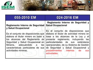 055-2010 EM 024-2016 EM
Reglamento Interno de Seguridad
y Salud Ocupacional
Es el conjunto de disposiciones que
elabora el titular minero en base a
los alcances del Reglamento de
Seguridad y Salud Ocupacional en
Minería, adecuándolo a las
características particulares de sus
actividades mineras.
Reglamento Interno de Seguridad y
Salud Ocupacional
Es el conjunto de disposiciones que
elabora el titular de actividad minera en
base a los alcances de la Ley y el
presente reglamento, incluyendo las
particularidades de sus estándares
operacionales, de su Sistema de Gestión
de Seguridad y Salud Ocupacional y
procedimientos internos de sus
actividades.
 