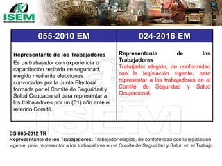 055-2010 EM 024-2016 EM
Representante de los Trabajadores
Es un trabajador con experiencia o
capacitación recibida en seguridad,
elegido mediante elecciones
convocadas por la Junta Electoral
formada por el Comité de Seguridad y
Salud Ocupacional para representar a
los trabajadores por un (01) año ante el
referido Comité.
Representante de los
Trabajadores
Trabajador elegido, de conformidad
con la legislación vigente, para
representar a los trabajadores en el
Comité de Seguridad y Salud
Ocupacional.
DS 005-2012 TR
Representante de los Trabajadores: Trabajador elegido, de conformidad con la legislación
vigente, para representar a los trabajadores en el Comité de Seguridad y Salud en el Trabajo
 