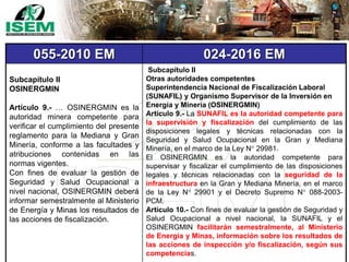 055-2010 EM 024-2016 EM
Subcapítulo II
OSINERGMIN
Artículo 9.- … OSINERGMIN es la
autoridad minera competente para
verificar el cumplimiento del presente
reglamento para la Mediana y Gran
Minería, conforme a las facultades y
atribuciones contenidas en las
normas vigentes.
Con fines de evaluar la gestión de
Seguridad y Salud Ocupacional a
nivel nacional, OSINERGMIN deberá
informar semestralmente al Ministerio
de Energía y Minas los resultados de
las acciones de fiscalización.
Subcapítulo II
Otras autoridades competentes
Superintendencia Nacional de Fiscalización Laboral
(SUNAFIL) y Organismo Supervisor de la Inversión en
Energía y Minería (OSINERGMIN)
Artículo 9.- La SUNAFIL es la autoridad competente para
la supervisión y fiscalización del cumplimiento de las
disposiciones legales y técnicas relacionadas con la
Seguridad y Salud Ocupacional en la Gran y Mediana
Minería, en el marco de la Ley N° 29981.
El OSINERGMIN es la autoridad competente para
supervisar y fiscalizar el cumplimiento de las disposiciones
legales y técnicas relacionadas con la seguridad de la
infraestructura en la Gran y Mediana Minería, en el marco
de la Ley N° 29901 y el Decreto Supremo N° 088-2003-
PCM.
Artículo 10.- Con fines de evaluar la gestión de Seguridad y
Salud Ocupacional a nivel nacional, la SUNAFIL y el
OSINERGMIN facilitarán semestralmente, al Ministerio
de Energía y Minas, información sobre los resultados de
las acciones de inspección y/o fiscalización, según sus
competencias.
 