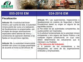 055-2010 EM 024-2016 EM
Artículo 15.- A solicitud del titular
minero y por cuenta de éste, la autoridad
minera podrá dar curso a la realización
de fiscalizaciones no programadas, con
el objeto de otorgar autorizaciones
especiales sobre laboreo de mina y
condiciones de operación distintas a las
fijadas en los permisos vigentes.
Artículo 16.- La autoridad minera podrá
también dar curso a la queja presentada
de acuerdo al inciso a) del artículo 40.
Artículo 17.- Las supervisiones, inspecciones o
fiscalizaciones en materia de Seguridad y Salud
Ocupacional tienen su origen en alguna de las
siguientes causas:
a) Por orden de las autoridades competentes, las
cuales podrán ser inopinadas.
b) A solicitud fundamentada de la autoridad minera
competente u otro órgano del Sector Público o de
cualquier órgano jurisdiccional, en cuyo caso
deben determinarse las actuaciones que le
interesan y su finalidad.
c) Por denuncia del trabajador.
d) A petición de los empleadores y los
trabajadores, así como de las organizaciones
sindicales y empresariales.
Fiscalización
 