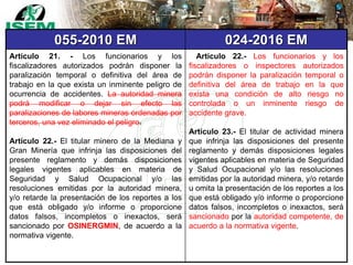 055-2010 EM 024-2016 EM
Artículo 21. - Los funcionarios y los
fiscalizadores autorizados podrán disponer la
paralización temporal o definitiva del área de
trabajo en la que exista un inminente peligro de
ocurrencia de accidentes. La autoridad minera
podrá modificar o dejar sin efecto las
paralizaciones de labores mineras ordenadas por
terceros, una vez eliminado el peligro.
Artículo 22.- El titular minero de la Mediana y
Gran Minería que infrinja las disposiciones del
presente reglamento y demás disposiciones
legales vigentes aplicables en materia de
Seguridad y Salud Ocupacional y/o las
resoluciones emitidas por la autoridad minera,
y/o retarde la presentación de los reportes a los
que está obligado y/o informe o proporcione
datos falsos, incompletos o inexactos, será
sancionado por OSINERGMIN, de acuerdo a la
normativa vigente.
Artículo 22.- Los funcionarios y los
fiscalizadores o inspectores autorizados
podrán disponer la paralización temporal o
definitiva del área de trabajo en la que
exista una condición de alto riesgo no
controlada o un inminente riesgo de
accidente grave.
Artículo 23.- El titular de actividad minera
que infrinja las disposiciones del presente
reglamento y demás disposiciones legales
vigentes aplicables en materia de Seguridad
y Salud Ocupacional y/o las resoluciones
emitidas por la autoridad minera, y/o retarde
u omita la presentación de los reportes a los
que está obligado y/o informe o proporcione
datos falsos, incompletos o inexactos, será
sancionado por la autoridad competente, de
acuerdo a la normativa vigente.
 