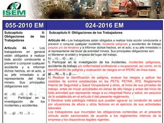 055-2010 EM 024-2016 EM
Subcapítulo II:
Obligaciones de los
Trabajadores
Artículo 44. - Los
trabajadores en general
están obligados a realizar
toda acción conducente a
prevenir o conjurar cualquier
accidente y a informar
dichos hechos, en el acto, a
su jefe inmediato o al
representante del titular
minero. Sus principales
obligaciones son:
a) ...b) .. c) .. d) ...
e) Participar en la
investigación de los
incidentes y accidentes.
f) ... g) .. h) ... i) ...
Subcapítulo II: Obligaciones de los Trabajadores
Artículo 44.- Los trabajadores están obligados a realizar toda acción conducente a
prevenir o conjurar cualquier incidente, incidente peligroso y accidentes de trabajo
propios y/o de terceros y a informar dichos hechos, en el acto, a su jefe inmediato o
al representante del titular de actividad minera. Sus principales obligaciones son:
a) Mantener el orden y limpieza del lugar del trabajo.
b) ... c) ... d) ... e) ...
f) Participar en la investigación de los incidentes, incidentes peligrosos,
accidente de trabajo y/o enfermedad profesional u ocupacional; así como, en la
identificación de peligros y evaluación de riesgos en el IPERC de línea base.
g) ... h) ... i) ... j) ….
k) Realizar la identificación de peligros, evaluar los riesgos y aplicar las
medidas de control establecidas en los PETS, PETAR, ATS, Reglamento
Interno de Seguridad y Salud Ocupacional y otros, al inicio de sus jornadas de
trabajo, antes de iniciar actividades en zonas de alto riesgo y antes del inicio de
toda actividad que represente riesgo a su integridad física y salud, sin perjuicio
de lo establecido en el artículo 4 del presente reglamento.
l) Declarar toda patología médica que puedan agravar su condición de salud
por situaciones de altura u otros factores en el ejercicio de sus actividades
laborales
Los trabajadores que incumplan las obligaciones contenidas en el presente
artículo serán sancionados de acuerdo a los reglamentos internos de la
empresa y los dispositivos legales vigentes.
 