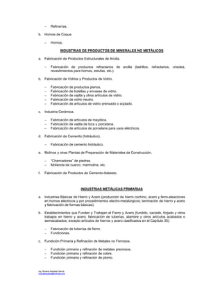 Ing. Ricardo Bautista García
ricardobautista@hotmail.com
− Refinerías.
b. Hornos de Coque.
− Hornos.
INDUSTRIAS DE PRODUCTOS DE MINERALES NO METÁLICOS
a. Fabricación de Productos Estructurales de Arcilla.
− Fabricación de productos refractarios de arcilla (ladrillos, refractarios, crisoles,
revestimientos para hornos, estufas, etc.).
b. Fabricación de Vidrios y Productos de Vidrio.
− Fabricación de productos planos.
− Fabricación de botellas y envases de vidrio.
− Fabricación de vajilla y otros artículos de vidrio.
− Fabricación de vidrio neutro.
− Fabricación de artículos de vidrio prensado o soplado.
c. Industria Cerámica.
− Fabricación de artículos de mayólica.
− Fabricación de vajilla de loza y porcelana.
− Fabricación de artículos de porcelana para usos eléctricos.
d. Fabricación de Cemento (hidráulico).
− Fabricación de cemento hidráulico.
e. Molinos y otras Plantas de Preparación de Materiales de Construcción.
− “Chancadoras” de piedras.
− Molienda de cuarzo, marmolina, etc.
f. Fabricación de Productos de Cemento-Asbesto.
INDUSTRIAS METÁLICAS PRIMARIAS
a. Industrias Básicas de Hierro y Acero (producción de hierro cochino, acero y ferro-aleaciones
en hornos eléctricos y por procedimientos electro-metalúrgicos; laminación de hierro y acero
y fabricación de formas básicas).
b. Establecimientos que Funden y Trabajan el Fierro y Acero (fundido, vaciado, forjado y otros
trabajos en hierro y acero; fabricación de tuberías, alambre y otros artículos acabados o
semiacabados; excepto artículos de hierros y acero clasificados en el Capítulo 35).
− Fabricación de tuberías de fierro.
− Fundiciones.
c. Fundición Primaria y Refinación de Metales no Ferrosos.
− Fundición primaria y refinación de metales preciosos.
− Fundición primaria y refinación de cobre.
− Fundición primaria y refinación de plomo.
 