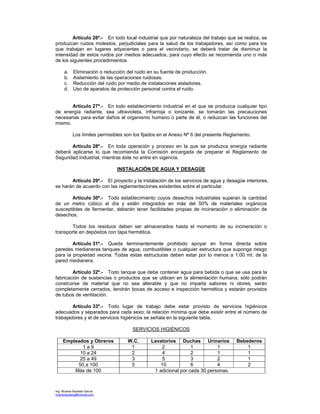 Ing. Ricardo Bautista García
ricardobautista@hotmail.com
Artículo 26º.- En todo local industrial que por naturaleza del trabajo que se realiza, se
produzcan ruidos molestos, perjudiciales para la salud de los trabajadores, así como para los
que trabajan en lugares adyacentes o para el vecindario, se deberá tratar de disminuir la
intensidad de estos ruidos por medios adecuados, para cuyo efecto se recomienda uno o más
de los siguientes procedimientos
a. Eliminación o reducción del ruido en su fuente de producción.
b. Aislamiento de las operaciones ruidosas.
c. Reducción del ruido por medio de instalaciones aisladores.
d. Uso de aparatos de protección personal contra el ruido.
Artículo 27º.- En todo establecimiento industrial en el que se produzca cualquier tipo
de energía radiante, sea ultravioleta, infrarroja o ionizante, se tomarán las precauciones
necesarias para evitar daños al organismo humano o parte de él, o reduzcan las funciones del
mismo.
Los límites permisibles son los fijados en el Anexo Nº 6 del presente Reglamento.
Artículo 28º.- En toda operación y proceso en la que se produzca energía radiante
deberá aplicarse lo que recomienda la Comisión encargada de preparar el Reglamento de
Seguridad Industrial, mientras éste no entre en vigencia.
INSTALACIÓN DE AGUA Y DESAGÜE
Artículo 29º.- El proyecto y la instalación de los servicios de agua y desagüe interiores,
se harán de acuerdo con las reglamentaciones existentes sobre el particular.
Artículo 30º.- Todo establecimiento cuyos desechos industriales superan la cantidad
de un metro cúbico al día y estén integrados en más del 50% de materiales orgánicos
susceptibles de fermentar, deberán tener facilidades propias de incineración o eliminación de
desechos.
Todos los residuos deben ser almacenados hasta el momento de su incineración o
transporte en depósitos con tapa hermética.
Artículo 31º.- Queda terminantemente prohibido apoyar en forma directa sobre
paredes medianeras tanques de agua, combustibles o cualquier estructura que suponga riesgo
para la propiedad vecina. Todas estas estructuras deben estar por lo menos a 1.00 mt. de la
pared medianera.
Artículo 32º.- Todo tanque que debe contener agua para bebida o que se usa para la
fabricación de sustancias o productos que se utilicen en la alimentación humana, sólo podrán
construirse de material que no sea alterable y que no imparta sabores ni olores; serán
completamente cerrados, tendrán bocas de acceso e inspección hermética y estarán provistos
de tubos de ventilación.
Artículo 33º.- Todo lugar de trabajo debe estar provisto de servicios higiénicos
adecuados y separados para cada sexo; la relación mínima que debe existir entre el número de
trabajadores y el de servicios higiénicos se señala en la siguiente tabla.
SERVICIOS HIGIÉNICOS
Empleados y Obreros W.C. Lavatorios Duchas Urinarios Bebederos
1 a 9 1 2 1 1 1
10 a 24 2 4 2 1 1
25 a 49 3 5 3 2 1
50 a 100 5 10 6 4 2
Más de 100 1 adicional por cada 30 personas.
 