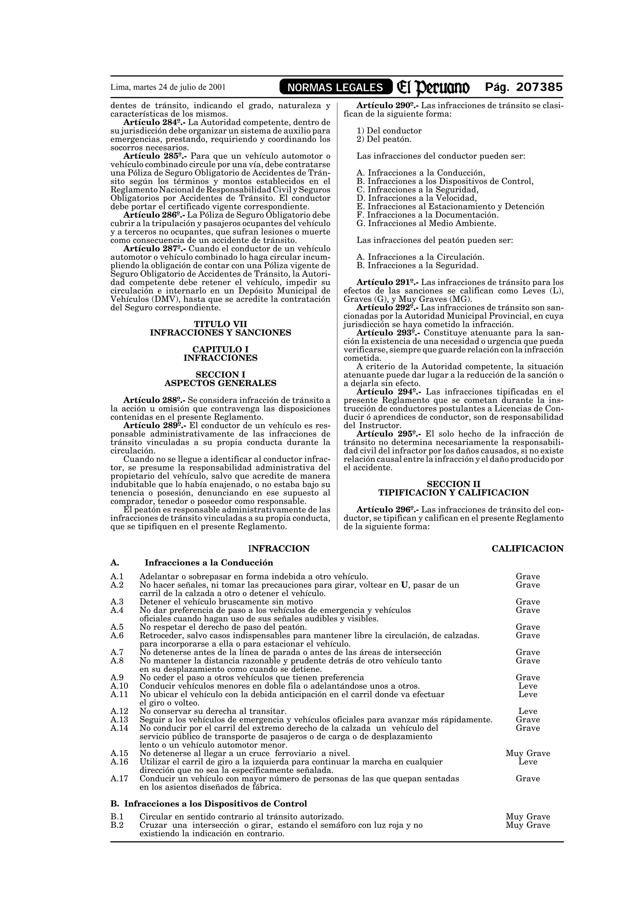 Lima, martes 24 de julio de 2001              NORMAS LEGALES                                        Pág. 207385
dentes de tránsito, indicando el grado, naturaleza y             Artículo 290º.- Las infracciones de tránsito se clasi-
características de los mismos.                               fican de la siguiente forma:
    Artículo 284º.- La Autoridad competente, dentro de
su jurisdicción debe organizar un sistema de auxilio para       1) Del conductor
emergencias, prestando, requiriendo y coordinando los           2) Del peatón.
socorros necesarios.
    Artículo 285º.- Para que un vehículo automotor o            Las infracciones del conductor pueden ser:
vehículo combinado circule por una vía, debe contratarse
una Póliza de Seguro Obligatorio de Accidentes de Trán-         A. Infracciones a la Conducción,
sito según los términos y montos establecidos en el             B. Infracciones a los Dispositivos de Control,
Reglamento Nacional de Responsabilidad Civil y Seguros          C. Infracciones a la Seguridad,
Obligatorios por Accidentes de Tránsito. El conductor           D. Infracciones a la Velocidad,
debe portar el certificado vigente correspondiente.             E. Infracciones al Estacionamiento y Detención
    Artículo 286º.- La Póliza de Seguro Obligatorio debe        F. Infracciones a la Documentación.
cubrir a la tripulación y pasajeros ocupantes del vehículo      G. Infracciones al Medio Ambiente.
y a terceros no ocupantes, que sufran lesiones o muerte
como consecuencia de un accidente de tránsito.                  Las infracciones del peatón pueden ser:
    Artículo 287º.- Cuando el conductor de un vehículo
automotor o vehículo combinado lo haga circular incum-          A. Infracciones a la Circulación.
pliendo la obligación de contar con una Póliza vigente de       B. Infracciones a la Seguridad.
Seguro Obligatorio de Accidentes de Tránsito, la Autori-
dad competente debe retener el vehículo, impedir su              Artículo 291º.- Las infracciones de tránsito para los
circulación e internarlo en un Depósito Municipal de         efectos de las sanciones se califican como Leves (L),
Vehículos (DMV), hasta que se acredite la contratación       Graves (G), y Muy Graves (MG).
del Seguro correspondiente.                                      Artículo 292º.- Las infracciones de tránsito son san-
                                                             cionadas por la Autoridad Municipal Provincial, en cuya
                 TITULO VII                                  jurisdicción se haya cometido la infracción.
          INFRACCIONES Y SANCIONES                               Artículo 293º.- Constituye atenuante para la san-
                                                             ción la existencia de una necesidad o urgencia que pueda
                      CAPITULO I                             verificarse, siempre que guarde relación con la infracción
                    INFRACCIONES                             cometida.
                                                                 A criterio de la Autoridad competente, la situación
                   SECCION I                                 atenuante puede dar lugar a la reducción de la sanción o
              ASPECTOS GENERALES                             a dejarla sin efecto.
                                                                 Artículo 294º.- Las infracciones tipificadas en el
    Artículo 288º.- Se considera infracción de tránsito a    presente Reglamento que se cometan durante la ins-
la acción u omisión que contravenga las disposiciones        trucción de conductores postulantes a Licencias de Con-
contenidas en el presente Reglamento.                        ducir ó aprendices de conductor, son de responsabilidad
    Artículo 289º.- El conductor de un vehículo es res-      del Instructor.
ponsable administrativamente de las infracciones de              Artículo 295º.- El solo hecho de la infracción de
tránsito vinculadas a su propia conducta durante la          tránsito no determina necesariamente la responsabili-
circulación.                                                 dad civil del infractor por los daños causados, si no existe
    Cuando no se llegue a identificar al conductor infrac-   relación causal entre la infracción y el daño producido por
tor, se presume la responsabilidad administrativa del        el accidente.
propietario del vehículo, salvo que acredite de manera
indubitable que lo había enajenado, o no estaba bajo su                        SECCION II
tenencia o posesión, denunciando en ese supuesto al                   TIPIFICACION Y CALIFICACION
comprador, tenedor o poseedor como responsable.
    El peatón es responsable administrativamente de las          Artículo 296º.- Las infracciones de tránsito del con-
infracciones de tránsito vinculadas a su propia conducta,    ductor, se tipifican y califican en el presente Reglamento
que se tipifiquen en el presente Reglamento.                 de la siguiente forma:

                                    INFRACCION                                                       CALIFICACION
A.       Infracciones a la Conducción
A.1     Adelantar o sobrepasar en forma indebida a otro vehículo.                                          Grave
A.2     No hacer señales, ni tomar las precauciones para girar, voltear en U, pasar de un                  Grave
        carril de la calzada a otro o detener el vehículo.
A.3     Detener el vehículo bruscamente sin motivo                                                         Grave
A.4     No dar preferencia de paso a los vehículos de emergencia y vehículos                               Grave
        oficiales cuando hagan uso de sus señales audibles y visibles.
A.5     No respetar el derecho de paso del peatón.                                                         Grave
A.6     Retroceder, salvo casos indispensables para mantener libre la circulación, de calzadas.            Grave
        para incorporarse a ella o para estacionar el vehículo.
A.7     No detenerse antes de la línea de parada o antes de las áreas de intersección                      Grave
A.8     No mantener la distancia razonable y prudente detrás de otro vehículo tanto                        Grave
        en su desplazamiento como cuando se detiene.
A.9     No ceder el paso a otros vehículos que tienen preferencia                                          Grave
A.10    Conducir vehículos menores en doble fila o adelantándose unos a otros.                             Leve
A.11    No ubicar el vehículo con la debida anticipación en el carril donde va efectuar                    Leve
        el giro o volteo.
A.12    No conservar su derecha al transitar.                                                              Leve
A.13    Seguir a los vehículos de emergencia y vehículos oficiales para avanzar más rápidamente.           Grave
A.14    No conducir por el carril del extremo derecho de la calzada un vehículo del                        Grave
        servicio público de transporte de pasajeros o de carga o de desplazamiento
        lento o un vehículo automotor menor.
A.15    No detenerse al llegar a un cruce ferroviario a nivel.                                           Muy Grave
A.16    Utilizar el carril de giro a la izquierda para continuar la marcha en cualquier                    Leve
        dirección que no sea la específicamente señalada.
A.17    Conducir un vehículo con mayor número de personas de las que quepan sentadas                       Grave
        en los asientos diseñados de fábrica.

B. Infracciones a los Dispositivos de Control
B.1     Circular en sentido contrario al tránsito autorizado.                                            Muy Grave
B.2     Cruzar una intersección o girar, estando el semáforo con luz roja y no                           Muy Grave
        existiendo la indicación en contrario.
 