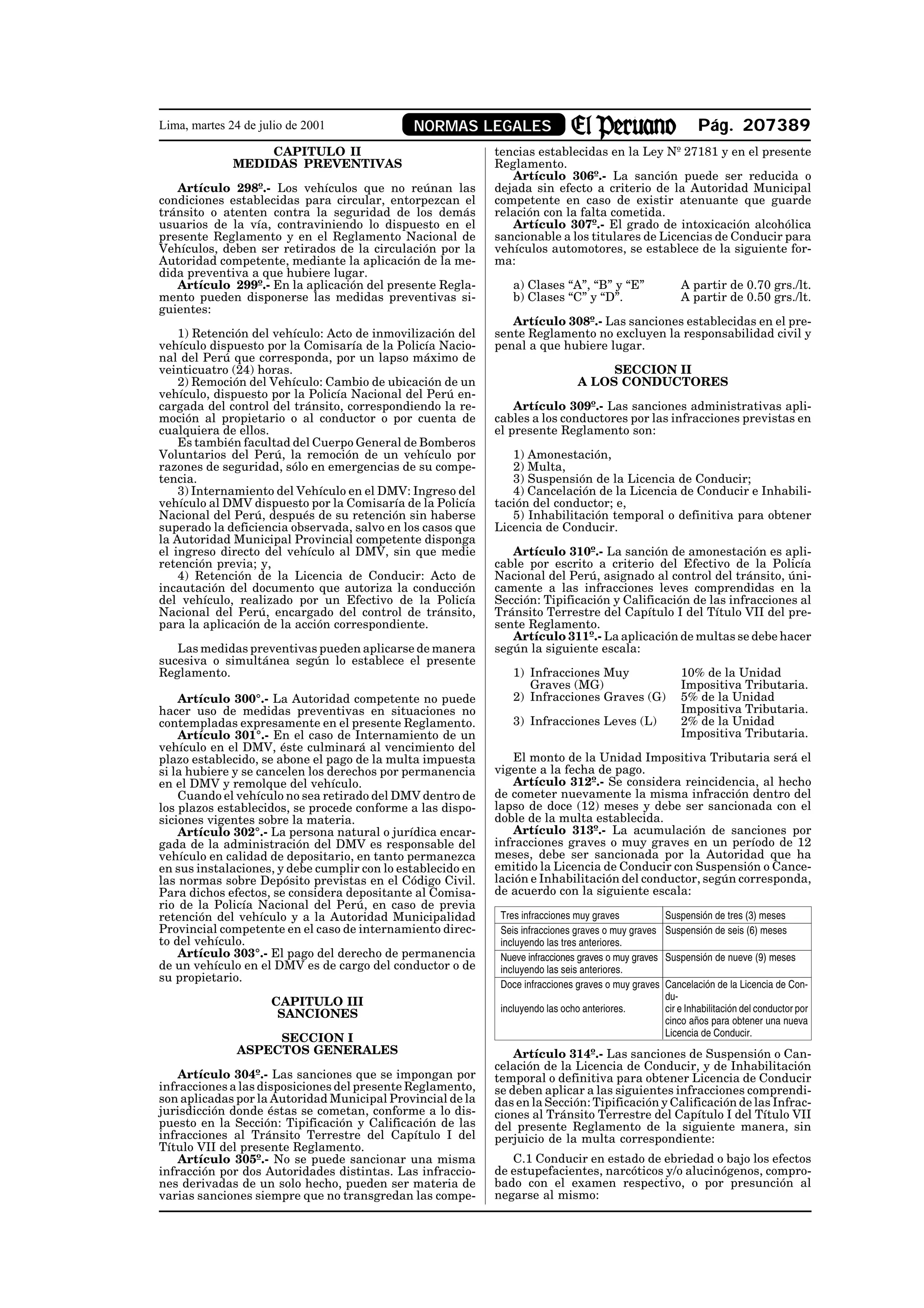 Lima, martes 24 de julio de 2001              NORMAS LEGALES                                                   Pág. 207389
                  CAPITULO II                                tencias establecidas en la Ley Nº 27181 y en el presente
              MEDIDAS PREVENTIVAS                            Reglamento.
                                                                Artículo 306º.- La sanción puede ser reducida o
   Artículo 298º.- Los vehículos que no reúnan las           dejada sin efecto a criterio de la Autoridad Municipal
condiciones establecidas para circular, entorpezcan el       competente en caso de existir atenuante que guarde
tránsito o atenten contra la seguridad de los demás          relación con la falta cometida.
usuarios de la vía, contraviniendo lo dispuesto en el           Artículo 307º.- El grado de intoxicación alcohólica
presente Reglamento y en el Reglamento Nacional de           sancionable a los titulares de Licencias de Conducir para
Vehículos, deben ser retirados de la circulación por la      vehículos automotores, se establece de la siguiente for-
Autoridad competente, mediante la aplicación de la me-       ma:
dida preventiva a que hubiere lugar.
   Artículo 299º.- En la aplicación del presente Regla-          a) Clases “A”, “B” y “E”                  A partir de 0.70 grs./lt.
mento pueden disponerse las medidas preventivas si-              b) Clases “C” y “D”.                      A partir de 0.50 grs./lt.
guientes:
                                                                Artículo 308º.- Las sanciones establecidas en el pre-
    1) Retención del vehículo: Acto de inmovilización del    sente Reglamento no excluyen la responsabilidad civil y
vehículo dispuesto por la Comisaría de la Policía Nacio-     penal a que hubiere lugar.
nal del Perú que corresponda, por un lapso máximo de
veinticuatro (24) horas.                                                              SECCION II
    2) Remoción del Vehículo: Cambio de ubicación de un                          A LOS CONDUCTORES
vehículo, dispuesto por la Policía Nacional del Perú en-
cargada del control del tránsito, correspondiendo la re-         Artículo 309º.- Las sanciones administrativas apli-
moción al propietario o al conductor o por cuenta de         cables a los conductores por las infracciones previstas en
cualquiera de ellos.                                         el presente Reglamento son:
    Es también facultad del Cuerpo General de Bomberos
Voluntarios del Perú, la remoción de un vehículo por            1) Amonestación,
razones de seguridad, sólo en emergencias de su compe-          2) Multa,
tencia.                                                         3) Suspensión de la Licencia de Conducir;
    3) Internamiento del Vehículo en el DMV: Ingreso del        4) Cancelación de la Licencia de Conducir e Inhabili-
vehículo al DMV dispuesto por la Comisaría de la Policía     tación del conductor; e,
Nacional del Perú, después de su retención sin haberse          5) Inhabilitación temporal o definitiva para obtener
superado la deficiencia observada, salvo en los casos que    Licencia de Conducir.
la Autoridad Municipal Provincial competente disponga
el ingreso directo del vehículo al DMV, sin que medie           Artículo 310º.- La sanción de amonestación es apli-
retención previa; y,                                         cable por escrito a criterio del Efectivo de la Policía
    4) Retención de la Licencia de Conducir: Acto de         Nacional del Perú, asignado al control del tránsito, úni-
incautación del documento que autoriza la conducción         camente a las infracciones leves comprendidas en la
del vehículo, realizado por un Efectivo de la Policía        Sección: Tipificación y Calificación de las infracciones al
Nacional del Perú, encargado del control de tránsito,        Tránsito Terrestre del Capítulo I del Título VII del pre-
para la aplicación de la acción correspondiente.             sente Reglamento.
                                                                Artículo 311º.- La aplicación de multas se debe hacer
   Las medidas preventivas pueden aplicarse de manera        según la siguiente escala:
sucesiva o simultánea según lo establece el presente
Reglamento.                                                      1) Infracciones Muy                       10% de la Unidad
                                                                    Graves (MG)                            Impositiva Tributaria.
    Artículo 300°.- La Autoridad competente no puede             2) Infracciones Graves (G)                5% de la Unidad
hacer uso de medidas preventivas en situaciones no                                                         Impositiva Tributaria.
contempladas expresamente en el presente Reglamento.             3) Infracciones Leves (L)                 2% de la Unidad
    Artículo 301°.- En el caso de Internamiento de un                                                      Impositiva Tributaria.
vehículo en el DMV, éste culminará al vencimiento del
plazo establecido, se abone el pago de la multa impuesta         El monto de la Unidad Impositiva Tributaria será el
si la hubiere y se cancelen los derechos por permanencia     vigente a la fecha de pago.
en el DMV y remolque del vehículo.                               Artículo 312º.- Se considera reincidencia, al hecho
    Cuando el vehículo no sea retirado del DMV dentro de     de cometer nuevamente la misma infracción dentro del
los plazos establecidos, se procede conforme a las dispo-    lapso de doce (12) meses y debe ser sancionada con el
siciones vigentes sobre la materia.                          doble de la multa establecida.
    Artículo 302°.- La persona natural o jurídica encar-         Artículo 313º.- La acumulación de sanciones por
gada de la administración del DMV es responsable del         infracciones graves o muy graves en un período de 12
vehículo en calidad de depositario, en tanto permanezca      meses, debe ser sancionada por la Autoridad que ha
en sus instalaciones, y debe cumplir con lo establecido en   emitido la Licencia de Conducir con Suspensión o Cance-
las normas sobre Depósito previstas en el Código Civil.      lación e Inhabilitación del conductor, según corresponda,
Para dichos efectos, se considera depositante al Comisa-     de acuerdo con la siguiente escala:
rio de la Policía Nacional del Perú, en caso de previa
retención del vehículo y a la Autoridad Municipalidad         Tres infracciones muy graves             Suspensión de tres (3) meses
Provincial competente en el caso de internamiento direc-      Seis infracciones graves o muy graves    Suspensión de seis (6) meses
to del vehículo.                                              incluyendo las tres anteriores.
    Artículo 303°.- El pago del derecho de permanencia        Nueve infracciones graves o muy graves   Suspensión de nueve (9) meses
de un vehículo en el DMV es de cargo del conductor o de       incluyendo las seis anteriores.
su propietario.
                                                              Doce infracciones graves o muy graves    Cancelación de la Licencia de Con-
                                                                                                       du-
                     CAPITULO III
                                                              incluyendo las ocho anteriores.          cir e Inhabilitación del conductor por
                      SANCIONES
                                                                                                       cinco años para obtener una nueva
                                                                                                       Licencia de Conducir.
                   SECCION I
              ASPECTOS GENERALES                                 Artículo 314º.- Las sanciones de Suspensión o Can-
                                                             celación de la Licencia de Conducir, y de Inhabilitación
    Artículo 304º.- Las sanciones que se impongan por        temporal o definitiva para obtener Licencia de Conducir
infracciones a las disposiciones del presente Reglamento,    se deben aplicar a las siguientes infracciones comprendi-
son aplicadas por la Autoridad Municipal Provincial de la    das en la Sección: Tipificación y Calificación de las Infrac-
jurisdicción donde éstas se cometan, conforme a lo dis-      ciones al Tránsito Terrestre del Capítulo I del Título VII
puesto en la Sección: Tipificación y Calificación de las     del presente Reglamento de la siguiente manera, sin
infracciones al Tránsito Terrestre del Capítulo I del        perjuicio de la multa correspondiente:
Título VII del presente Reglamento.
    Artículo 305º.- No se puede sancionar una misma             C.1 Conducir en estado de ebriedad o bajo los efectos
infracción por dos Autoridades distintas. Las infraccio-     de estupefacientes, narcóticos y/o alucinógenos, compro-
nes derivadas de un solo hecho, pueden ser materia de        bado con el examen respectivo, o por presunción al
varias sanciones siempre que no transgredan las compe-       negarse al mismo:
 