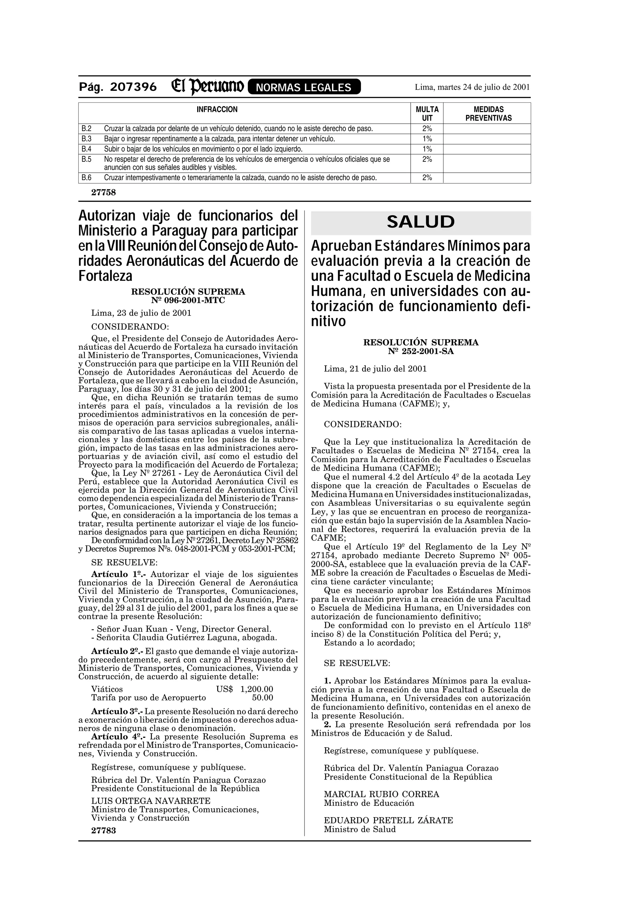 Pág. 207396                                               NORMAS LEGALES                                   Lima, martes 24 de julio de 2001

                                      INFRACCION                                                           MULTA           MEDIDAS
                                                                                                            UIT          PREVENTIVAS
B.2    Cruzar la calzada por delante de un vehículo detenido, cuando no le asiste derecho de paso.          2%
B.3    Bajar o ingresar repentinamente a la calzada, para intentar detener un vehículo.                     1%
B.4    Subir o bajar de los vehículos en movimiento o por el lado izquierdo.                                1%
B.5    No respetar el derecho de preferencia de los vehículos de emergencia o vehículos oficiales que se    2%
       anuncien con sus señales audibles y visibles.
B.6    Cruzar intempestivamente o temerariamente la calzada, cuando no le asiste derecho de paso.            2%
   27758

Autorizan viaje de funcionarios del                 SALUD
Ministerio a Paraguay para participar
en la VIII Reunión del Consejo de Auto- Aprueban Estándares Mínimos para
ridades Aeronáuticas del Acuerdo de evaluación previa a la creación de
Fortaleza                               una Facultad o Escuela de Medicina
            RESOLUCIÓN SUPREMA          Humana, en universidades con au-
                                        torización de funcionamiento defi-
                  Nº 096-2001-MTC
   Lima, 23 de julio de 2001
   CONSIDERANDO:                        nitivo
    Que, el Presidente del Consejo de Autoridades Aero-                                       RESOLUCIÓN SUPREMA
náuticas del Acuerdo de Fortaleza ha cursado invitación
al Ministerio de Transportes, Comunicaciones, Vivienda                                            Nº 252-2001-SA
y Construcción para que participe en la VIII Reunión del
Consejo de Autoridades Aeronáuticas del Acuerdo de                               Lima, 21 de julio del 2001
Fortaleza, que se llevará a cabo en la ciudad de Asunción,
Paraguay, los días 30 y 31 de julio del 2001;                                   Vista la propuesta presentada por el Presidente de la
    Que, en dicha Reunión se tratarán temas de sumo                          Comisión para la Acreditación de Facultades o Escuelas
interés para el país, vinculados a la revisión de los                        de Medicina Humana (CAFME); y,
procedimientos administrativos en la concesión de per-
misos de operación para servicios subregionales, análi-                          CONSIDERANDO:
sis comparativo de las tasas aplicadas a vuelos interna-
cionales y las domésticas entre los países de la subre-                         Que la Ley que institucionaliza la Acreditación de
gión, impacto de las tasas en las administraciones aero-                     Facultades o Escuelas de Medicina Nº 27154, crea la
portuarias y de aviación civil, así como el estudio del                      Comisión para la Acreditación de Facultades o Escuelas
Proyecto para la modificación del Acuerdo de Fortaleza;                      de Medicina Humana (CAFME);
    Que, la Ley Nº 27261 - Ley de Aeronáutica Civil del                         Que el numeral 4.2 del Artículo 4º de la acotada Ley
Perú, establece que la Autoridad Aeronáutica Civil es                        dispone que la creación de Facultades o Escuelas de
ejercida por la Dirección General de Aeronáutica Civil
como dependencia especializada del Ministerio de Trans-                      Medicina Humana en Universidades institucionalizadas,
portes, Comunicaciones, Vivienda y Construcción;                             con Asambleas Universitarias o su equivalente según
    Que, en consideración a la importancia de los temas a                    Ley, y las que se encuentran en proceso de reorganiza-
tratar, resulta pertinente autorizar el viaje de los funcio-                 ción que están bajo la supervisión de la Asamblea Nacio-
narios designados para que participen en dicha Reunión;                      nal de Rectores, requerirá la evaluación previa de la
    De conformidad con la Ley Nº 27261, Decreto Ley Nº 25862                 CAFME;
y Decretos Supremos Nºs. 048-2001-PCM y 053-2001-PCM;                           Que el Artículo 19º del Reglamento de la Ley Nº
                                                                             27154, aprobado mediante Decreto Supremo Nº 005-
   SE RESUELVE:                                                              2000-SA, establece que la evaluación previa de la CAF-
   Artículo 1º.- Autorizar el viaje de los siguientes                        ME sobre la creación de Facultades o Escuelas de Medi-
funcionarios de la Dirección General de Aeronáutica                          cina tiene carácter vinculante;
Civil del Ministerio de Transportes, Comunicaciones,                            Que es necesario aprobar los Estándares Mínimos
Vivienda y Construcción, a la ciudad de Asunción, Para-                      para la evaluación previa a la creación de una Facultad
guay, del 29 al 31 de julio del 2001, para los fines a que se                o Escuela de Medicina Humana, en Universidades con
contrae la presente Resolución:                                              autorización de funcionamiento definitivo;
   - Señor Juan Kuan - Veng, Director General.                                  De conformidad con lo previsto en el Artículo 118º
   - Señorita Claudia Gutiérrez Laguna, abogada.                             inciso 8) de la Constitución Política del Perú; y,
                                                                                Estando a lo acordado;
   Artículo 2º.- El gasto que demande el viaje autoriza-
do precedentemente, será con cargo al Presupuesto del                            SE RESUELVE:
Ministerio de Transportes, Comunicaciones, Vivienda y
Construcción, de acuerdo al siguiente detalle:
                                                                                1. Aprobar los Estándares Mínimos para la evalua-
   Viáticos                                  US$ 1,200.00                    ción previa a la creación de una Facultad o Escuela de
   Tarifa por uso de Aeropuerto                     50.00                    Medicina Humana, en Universidades con autorización
                                                                             de funcionamiento definitivo, contenidas en el anexo de
   Artículo 3º.- La presente Resolución no dará derecho
a exoneración o liberación de impuestos o derechos adua-                     la presente Resolución.
neros de ninguna clase o denominación.                                          2. La presente Resolución será refrendada por los
   Artículo 4º.- La presente Resolución Suprema es                           Ministros de Educación y de Salud.
refrendada por el Ministro de Transportes, Comunicacio-
nes, Vivienda y Construcción.                                                    Regístrese, comuníquese y publíquese.
   Regístrese, comuníquese y publíquese.                                         Rúbrica del Dr. Valentín Paniagua Corazao
   Rúbrica del Dr. Valentín Paniagua Corazao                                     Presidente Constitucional de la República
   Presidente Constitucional de la República
                                                                                 MARCIAL RUBIO CORREA
   LUIS ORTEGA NAVARRETE                                                         Ministro de Educación
   Ministro de Transportes, Comunicaciones,
   Vivienda y Construcción                                                       EDUARDO PRETELL ZÁRATE
   27783                                                                         Ministro de Salud
 
