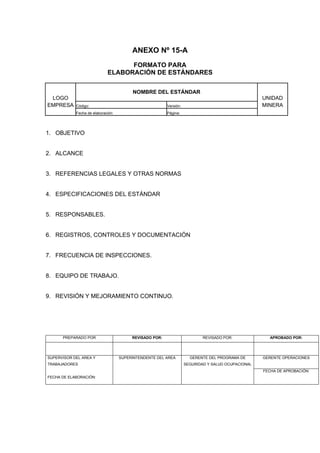 ANEXO Nº 15-A
FORMATO PARA
ELABORACIÓN DE ESTÁNDARES
LOGO
NOMBRE DEL ESTÁNDAR
UNIDAD
EMPRESA Código: Versión: MINERA
Fecha de elaboración: Página:
1. OBJETIVO
2. ALCANCE
3. REFERENCIAS LEGALES Y OTRAS NORMAS
4. ESPECIFICACIONES DEL ESTÁNDAR
5. RESPONSABLES.
6. REGISTROS, CONTROLES Y DOCUMENTACIÓN
7. FRECUENCIA DE INSPECCIONES.
8. EQUIPO DE TRABAJO.
9. REVISIÓN Y MEJORAMIENTO CONTINUO.
PREPARADO POR REVISADO POR: REVISADO POR: APROBADO POR:
GERENTE OPERACIONESSUPERVISOR DEL AREA Y
TRABAJADORES
FECHA DE ELABORACIÓN:
SUPERINTENDENTE DEL AREA GERENTE DEL PROGRAMA DE
SEGURIDAD Y SALUD OCUPACIONAL
FECHA DE APROBACIÓN:
 