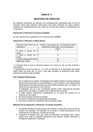GUIA N° 3
MONITOREO DE VIBRACIÓN
Se realizará mediciones de vibración con ponderaciones adecuadas para el tipo de
vibración (tanto para vibración mano-brazo como para vibración de cuerpo entero),
midiendo con acelerómetros en los 3 ejes, en el punto de contacto y comparados con
lo siguiente:
Exposición a Vibración en Cuerpo Completo
El valor máximo de la aceleración en 8 horas será de: 0.5m/s2
.
Exposición a Vibración en Mano-Brazo:
Duración total diaria de la
exposición1
Valores a no exceder por el componente de la
aceleración dominante, rms y ponderada2
(m/s2
)
4 horas a menos de 8
horas
4
2 horas a menos de 4
horas
6
1 hora a menos de 2 horas 8
Menos de 1 hora 12
1: El tiempo total en que la vibración ingresa a la mano por día, ya sea continúa o
intermitente.
2: Usualmente uno de los ejes (x, y o z) de la vibración es el dominante (de mayor
valor) sobre los otros dos. Si uno o más ejes exceden la exposición total diaria,
entonces el límite ha sido excedido.
Del Trabajador Muestreado:
En la medida de lo posible, el trabajador será seleccionado de manera aleatoria
dentro del grupo/puesto al cual pertenece o, de lo contrario, se le seleccionará
basándose en las observaciones que haya tenido el equipo que va a operar, de
parte de otros operadores o de él mismo.
El trabajador que va a ser muestreado deberá recibir instrucciones precisas
acerca de lo que debe y no debe hacer mientras lleve el equipo:
a. El plato deberá mantenerse directamente en el punto de contacto de la
máquina con el cuerpo.
b. No sacar el equipo durante la jornada.
c. No tocar los botones de programación del equipo.
d. No mover o sacar las conexiones entre el equipo y plato.
Medición de la exposición a Vibración en Cuerpo Completo:
1. Se deberá identificar el (los) punto(s) de contacto a través del cual el cuerpo se
expone a la vibración. Por ejemplo: en un tractor, a través del asiento; en los
controles de una máquina, a través de los pies.
2. Programar el equipo para que mida la aceleración ponderada para cuerpo
entero (que mida en aquellas frecuencias que generan efectos adversos) y
entregue la aceleración resultante.
 
