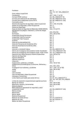 Facilitador (Art. 7)
Ficha médica ocupacional
(Art. 113, 197, 198 y ANEXO Nº
7-C)
Fiscalización (Art. 7, Arts. 11 al 18)
Formato IPERC continuo (Art. 90 y ANEXO Nº 19)
Formato para elaboración de estándares (Art. 88 y ANEXO Nº 15-A)
Formato para la elaboración de los PETS (Art. 88 y ANEXO Nº 15-B)
Fulminante común (Art. 7)
Gerente del programa de seguridad y salud ocupacional (Art. 7, Arts. 64 al 68)
Gestión de la Seguridad y Salud Ocupacional (Art. 7)
Gobiernos Regionales (Art. 10)
Hojas de Datos de Seguridad de Materiales HDSM (MSDS) (Arts. 312 al 317)
Identificación de peligros, evaluación y control de riesgos
(IPERC) (Arts. 88 al 92)
Iluminación (Arts. 348 al 355)
Incapacidad Parcial Permanente (Art. 7)
Incapacidad Total Permanente (Art. 7)
Incapacidad Total Temporal (Art. 7)
Incidente (Art. 7)
Índice de Accidentabilidad (IA): (Art. 7)
Índice de Frecuencia de Accidentes (IFA) (Art. 7)
Índice de Severidad de Accidentes (ISA) (Art. 7)
Inducción (Art. 7)
Inducción y orientación básica (Art. 69 y ANEXO Nº 14)
Informe de investigacion del accidente mortal- Fiscalizador (Art. 155 y ANEXO Nº 7-B)
Informe de investigación del accidente mortal- Titular minero (Art. 151 y ANEXO Nº 7-A)
Ingeniería de la Masa Rocosa en Minería Subterránea (Arts. 209 al 219)
Ingeniero de Seguridad (Art. 7)
Ingeniero Residente (Art. 7)
Ingeniero Supervisor (Art. 7)
Inspección (Art. 7)
Inspecciones, auditorías y controles (Arts. 130 al 134)
Instalaciones pirometalúrgicas (Fundiciones, Refinerías y
Otros) (Arts. 302 y 303)
Investigación de incidentes y accidentes (Art. 7, Arts. 151 al 156)
Jaulas (Arts. 390 al 395)
Lesión (Art. 7)
Libro de Actas (Art. 7)
Libro de Seguridad y Salud Ocupacional (Art. 7)
Liderazgo y compromiso (Art. 54)
Límite máximo permisible para estrés térmico (Art. 97, 151 y ANEXO Nº 3)
Límites de exposición ocupacional para agentes químicos
(Art. 103, 104, 236, 318 y ANEXO
Nº 4)
Manejo de residuos (Arts. 334 al 336)
Maquinaria, equipos y herramientas (Arts. 363 al 369)
Material peligroso (Art. 7)
Matriz básica de capacitación en seguridad y salud
ocupacional minera (Art. 69 y ANEXO Nº 14-B)
Mecha armada (Art. 7)
Mecha lenta (Art. 7)
Mecha rápida (Art. 7)
Medicina Ocupacional (Art. 7)
Medición de estrés térmico (Art. 97 y GUÍA Nº 2)
Medición de ruido (Art. 96 y GUÍA Nº 1)
Médico de Salud Ocupacional (Art. 7)
 