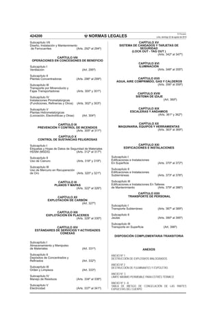 NORMAS LEGALES
El Peruano
Lima, domingo 22 de agosto de 2010424200
Subcapítulo VII
Diseño, Instalación y Mantenimiento
de Ferrocarriles (Arts. 292º al 294º)
CAPÍTULO VIII
OPERACIONES EN CONCESIONES DE BENEFICIO
Subcapítulo I
Ventilación (Art. 295º)
Subcapítulo II
Plantas Concentradoras (Arts. 296º al 299º)
Subcapítulo III
Transporte por Mineroducto y
Fajas Transportadoras (Arts. 300º y 301º)
Subcapítulo IV
Instalaciones Pirometalúrgicas
(Fundiciones, Reﬁnerías y Otros) (Arts. 302º y 303º)
Subcapítulo V
Plantas Hidrometalúrgicas
(Lixiviación, Electrolíticas y Otras) (Art. 304º)
CAPÍTULO IX
PREVENCIÓN Y CONTROL DE INCENDIOS
(Arts. 305º al 311º)
CAPÍTULO X
CONTROL DE SUSTANCIAS PELIGROSAS
Subcapítulo I
Etiquetas y Hojas de Datos de Seguridad de Materiales
HDSM (MSDS) (Arts. 312º al 317º)
Subcapítulo II
Uso de Cianuro (Arts. 318º y 319º)
Subcapítulo III
Uso de Mercurio en Recuperación
de Oro (Arts. 320º y 321º)
CAPÍTULO XI
PLANOS Y MAPAS
(Arts. 322º al 326º)
CAPÍTULO XII
EXPLOTACIÓN DE CARBÓN
(Art. 327º)
CAPÍTULO XIII
EXPLOTACIÓN EN PLACERES
(Arts. 328º al 330º)
CAPÍTULO XIV
ESTÁNDARES DE SERVICIOS Y ACTIVIDADES
CONEXAS
Subcapítulo I
Almacenamiento y Manipuleo
de Materiales (Art. 331º)
Subcapítulo II
Depósitos de Concentrados y
Reﬁnados (Art. 332º)
Subcapítulo III
Orden y Limpieza (Art. 333º)
Subcapítulo IV
Manejo de Residuos (Arts. 334º al 336º)
Subcapítulo V
Electricidad (Arts. 337º al 341º)
CAPÍTULO XV
SISTEMA DE CANDADOS Y TARJETAS DE
SEGURIDAD
(LOCK OUT - TAG OUT )
(Arts. 342º al 347º)
CAPÍTULO XVI
ILUMINACIÓN
(Arts. 348º al 355º)
CAPÍTULO XVII
AGUA, AIRE COMPRIMIDO, GAS Y CALDEROS
(Arts. 356º al 359º)
CAPÍTULO XVIII
SISTEMA DE IZAJE
(Art. 360º)
CAPÍTULO XIX
ESCALERAS Y ANDAMIOS
(Arts. 361º y 362º)
CAPÍTULO XX
MAQUINARIA, EQUIPOS Y HERRAMIENTAS
(Arts. 363º al 369º)
CAPÍTULO XXI
EDIFICACIONES E INSTALACIONES
Subcapítulo I
Ediﬁcaciones e Instalaciones
En Superﬁcie (Arts. 370º al 372º)
Subcapítulo II
Ediﬁcaciones e Instalaciones
Subterráneas (Arts. 373º al 378º)
Subcapítulo III
Ediﬁcaciones e Instalaciones En Talleres
de Mantenimiento (Arts. 379º al 386º)
CAPÍTULO XXII
TRANSPORTE DE PERSONAL
Subcapítulo I
Transporte Subterráneo (Arts. 387º al 389º)
Subcapítulo II
Jaulas (Arts. 390º al 395º)
Subcapítulo III
Transporte en Superﬁcie (Art. 396º)
DISPOSICIÓN COMPLEMENTARIA TRANSITORIA
ANEXOS
ANEXO Nº 1
DESTRUCCIÓN DE EXPLOSIVOS MALOGRADOS
ANEXO Nº 2
DESTRUCCIÓN DE FULMINANTES Y ESPOLETAS
ANEXO N° 3
LÍMITE MÁXIMO PERMISIBLE PARA ESTRÉS TÉRMICO
ANEXO Nº 3 - A
TABLA DE RIESGO DE CONGELACIÓN DE LAS PARTES
EXPUESTAS DEL CUERPO
 