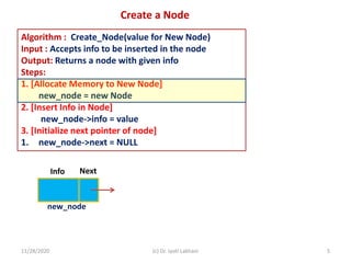 11/28/2020 (c) Dr. Jyoti Lakhani 5
Create a Node
Algorithm : Create_Node(value for New Node)
Input : Accepts info to be inserted in the node
Output: Returns a node with given info
Steps:
1. [Allocate Memory to New Node]
new_node = new Node
2. [Insert Info in Node]
new_node->info = value
3. [Initialize next pointer of node]
1. new_node->next = NULL
Info Next
new_node
 