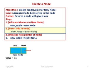 11/28/2020 (c) Dr. Jyoti Lakhani 6
Create a Node
Algorithm : Create_Node(value for New Node)
Input : Accepts info to be inserted in the node
Output: Returns a node with given info
Steps:
1. [Allocate Memory to New Node]
new_node = new Node
2. [Insert Info in Node]
new_node->info = value
3. [Initialize next pointer of node]
1. new_node->next = NULL
Info Next
11
Value =
new_node
 