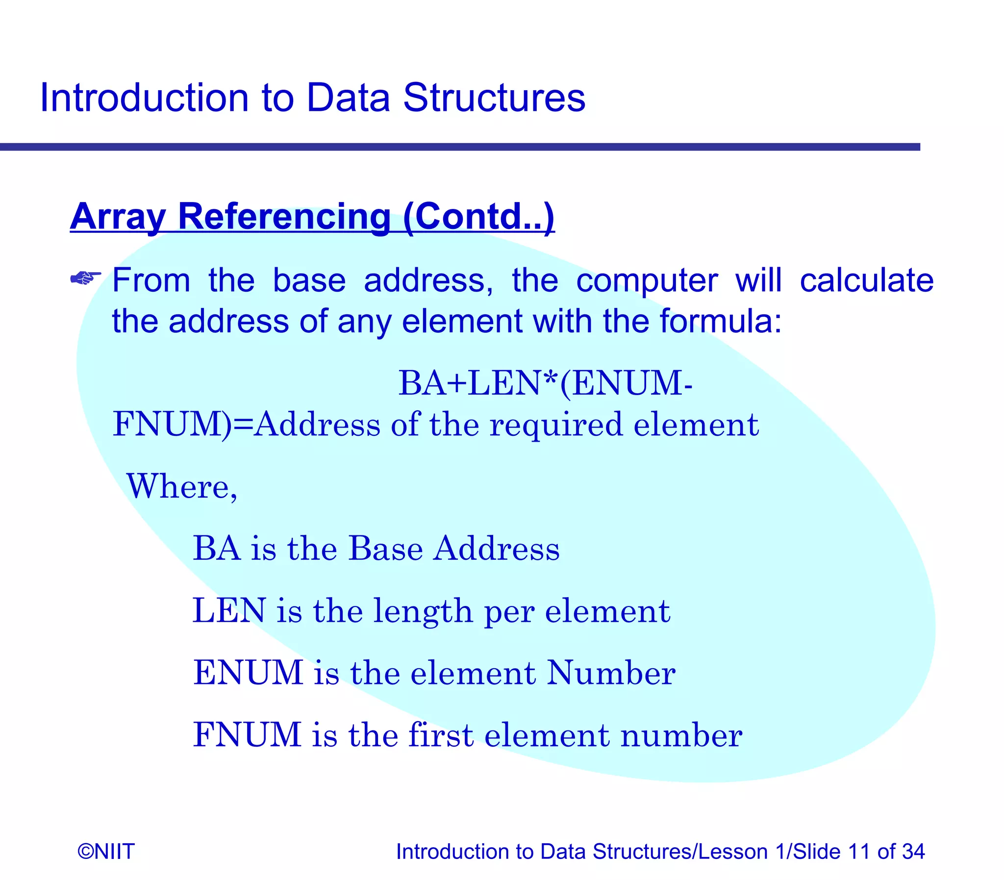 Introduction to Data Structures

 Array Referencing (Contd..)
  From the base address, the computer will calculate
   the address of any element with the formula:
                  BA+LEN*(ENUM-
    FNUM)=Address of the required element
      Where,
          BA is the Base Address
          LEN is the length per element
          ENUM is the element Number
          FNUM is the first element number


  ©NIIT               Introduction to Data Structures/Lesson 1/Slide 11 of 34
 