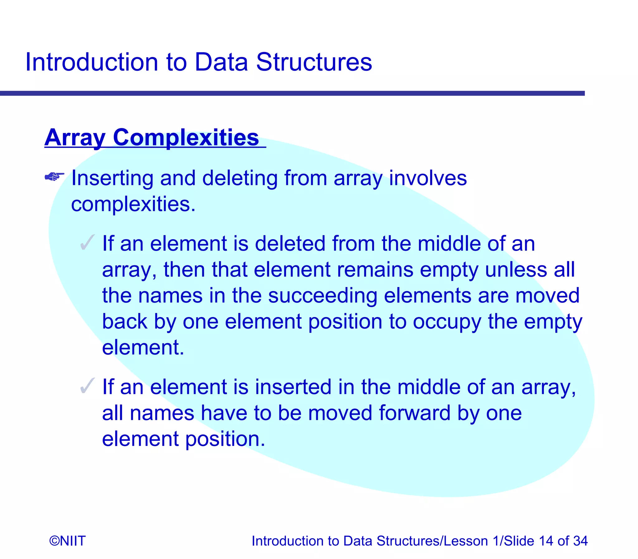 Introduction to Data Structures

 Array Complexities
  Inserting and deleting from array involves
   complexities.
       If an element is deleted from the middle of an
        array, then that element remains empty unless all
        the names in the succeeding elements are moved
        back by one element position to occupy the empty
        element.
       If an element is inserted in the middle of an array,
        all names have to be moved forward by one
        element position.



  ©NIIT                 Introduction to Data Structures/Lesson 1/Slide 14 of 34
 