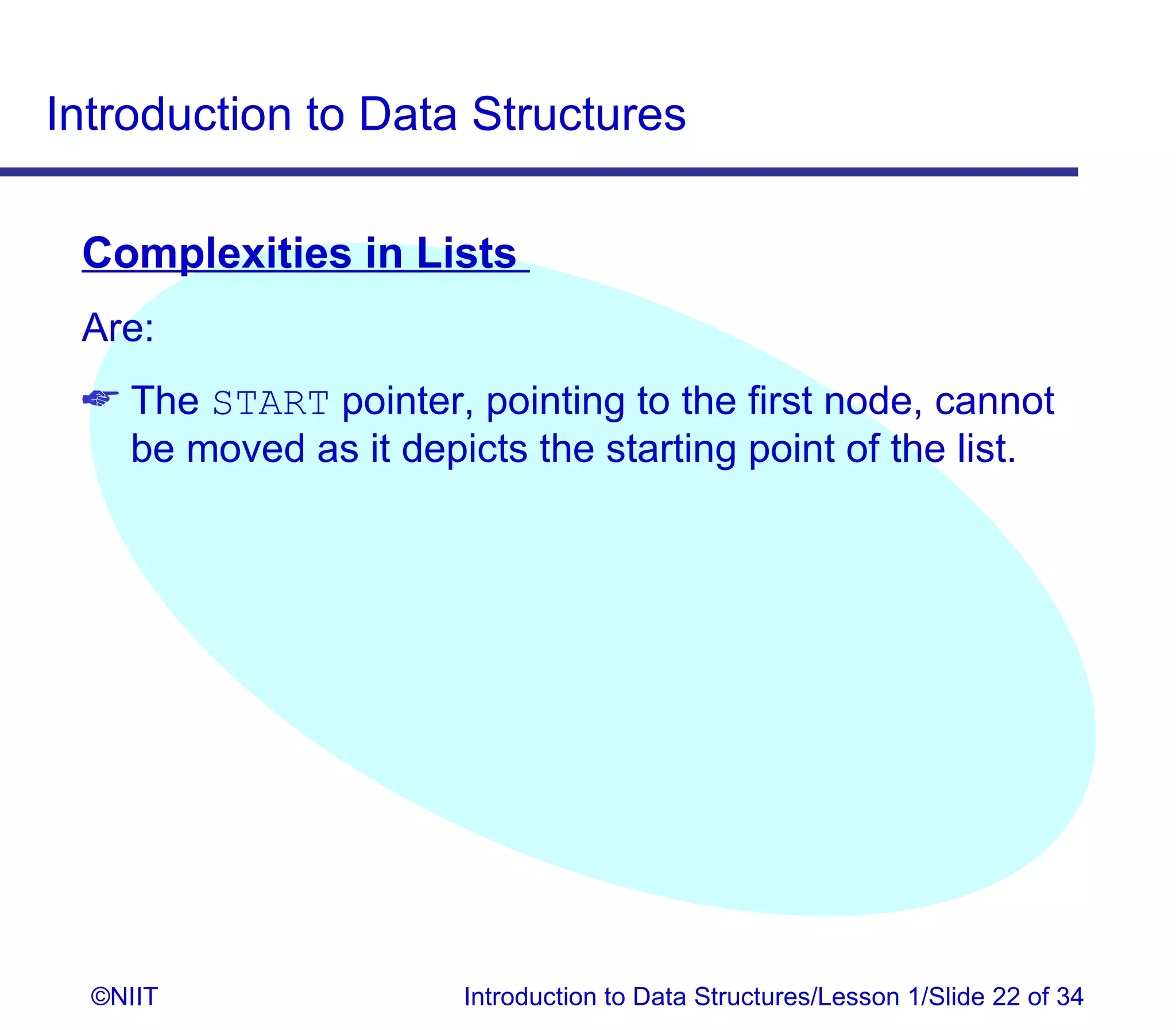 Introduction to Data Structures

 Complexities in Lists
 Are:
  The START pointer, pointing to the first node, cannot
   be moved as it depicts the starting point of the list.




  ©NIIT               Introduction to Data Structures/Lesson 1/Slide 22 of 34
 