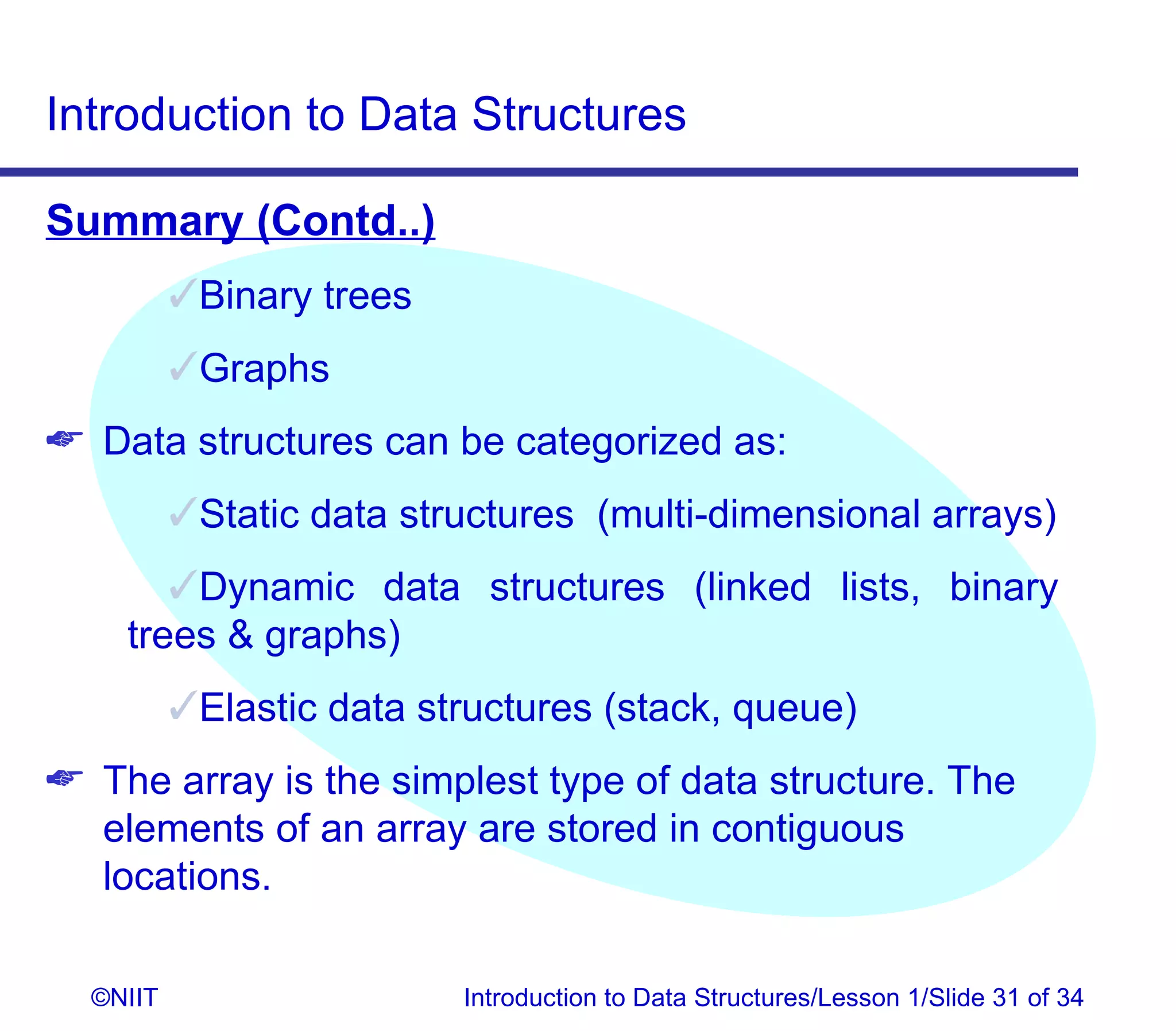 Introduction to Data Structures

Summary (Contd..)
          Binary trees
          Graphs
 Data structures can be categorized as:
          Static data structures (multi-dimensional arrays)
       Dynamic data structures (linked lists, binary
    trees  graphs)
          Elastic data structures (stack, queue)
 The array is the simplest type of data structure. The
  elements of an array are stored in contiguous
  locations.

  ©NIIT                   Introduction to Data Structures/Lesson 1/Slide 31 of 34
 