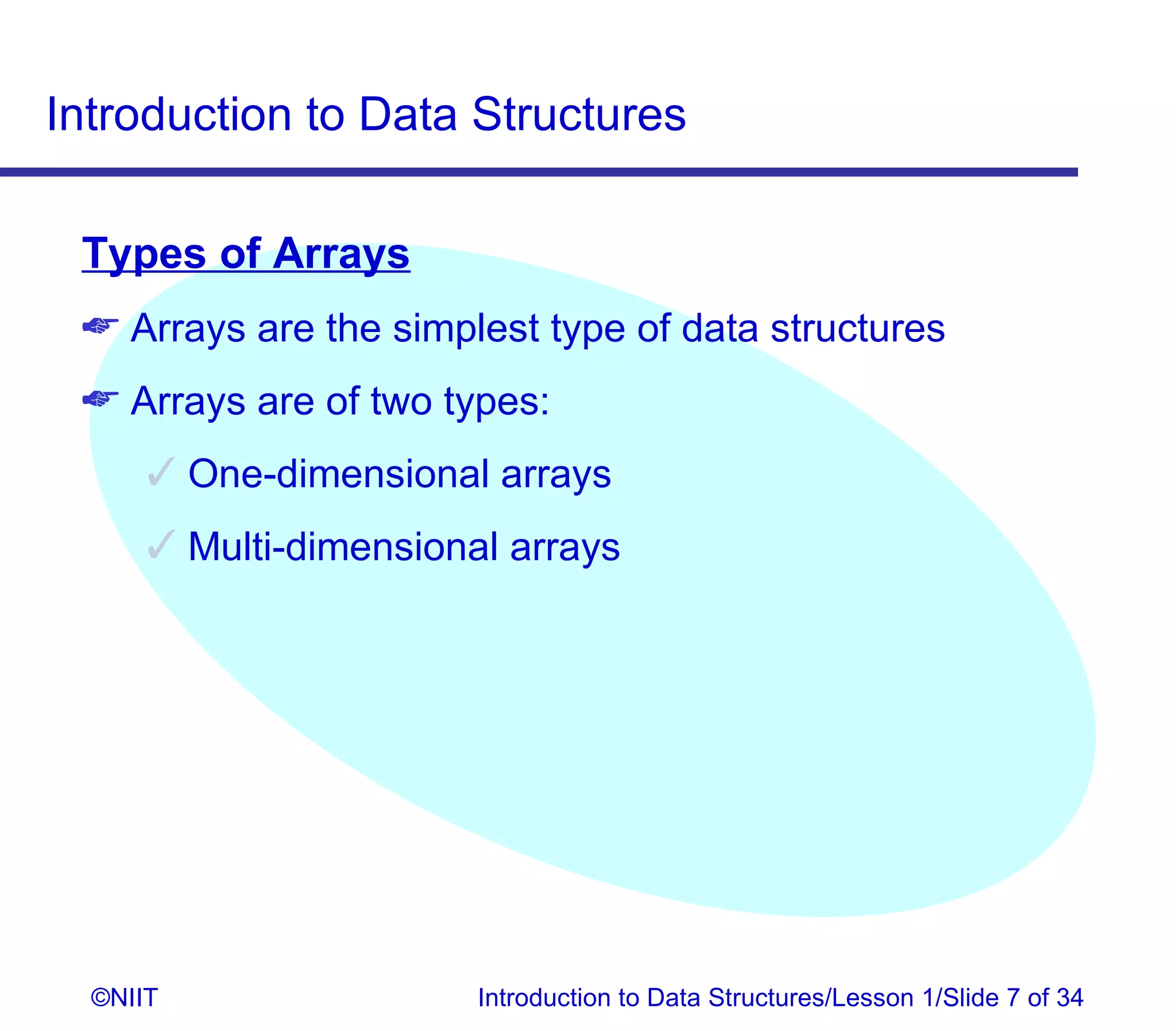 Introduction to Data Structures

 Types of Arrays
  Arrays are the simplest type of data structures
  Arrays are of two types:
       One-dimensional arrays
       Multi-dimensional arrays




  ©NIIT                 Introduction to Data Structures/Lesson 1/Slide 7 of 34
 