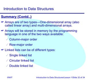 Introduction to Data Structures

Summary (Contd..)
 Arrays are of two types—One-dimensional array (also
  called linear array) and multi-dimensional arrays.
 Arrays will be stored in memory by the programming
  language in one of the two ways available:
    Column-major order
    Row-major order
 Linked lists can be of different types:
    Single linked list
    Circular linked list
    Double linked list


    ©NIIT                   Introduction to Data Structures/Lesson 1/Slide 32 of 34
 