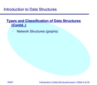 Introduction to Data Structures

 Types and Classification of Data Structures
   (Contd..)
      Network Structures (graphs)




  ©NIIT               Introduction to Data Structures/Lesson 1/Slide 5 of 34
 