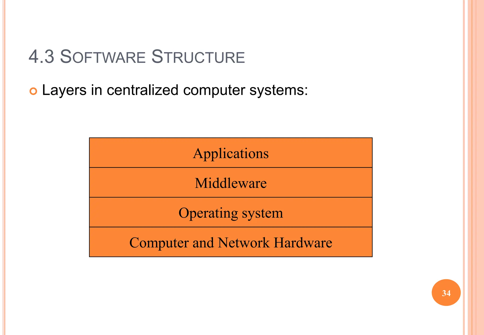 4.3 SOFTWARE STRUCTURE
 Layers in centralized computer systems:
Applications
Middleware
Operating system
Computer and Network Hardware
34
 