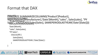 Format that DAX
EVALUATE
SUMMARIZECOLUMNS (
'Product'[Product],
Manufacturer[Manufacturer],
'Date'[Month],
"sales", Sales[sales],
"PY Sales",
CALCULATE (
Sales[Sales],
SAMEPERIODLASTYEAR ( 'Date'[Date] )
)
)
EVALUATE SUMMARIZECOLUMNS('Product'[Product],
Manufacturer[Manufacturer],'Date'[Month],"sales", Sales[sales], "PY
Sales", CALCULATE(Sales[Sales], SAMEPERIODLASTYEAR('Date'[Date])))
 