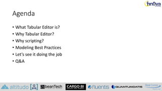 Agenda
• What Tabular Editor is?
• Why Tabular Editor?
• Why scripting?
• Modeling Best Practices
• Let’s see it doing the job
• Q&A
 