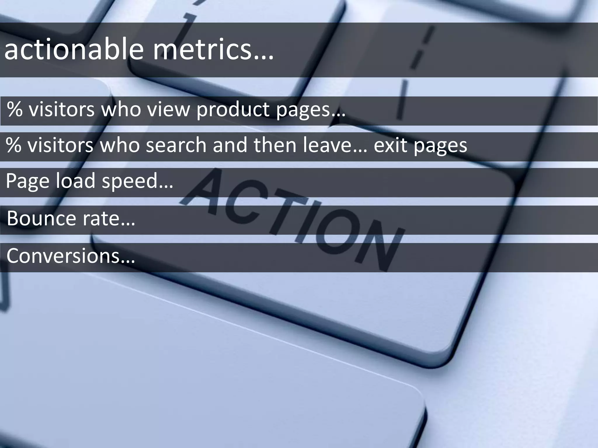 actionable metrics…
% visitors who view product pages…
% visitors who search and then leave… exit pages
Conversions…
Bounce rate…
Page load speed…
 