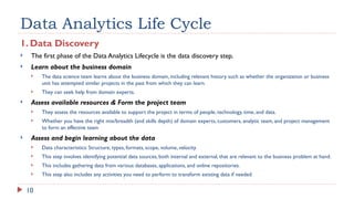 10
Data Analytics Life Cycle
1. Data Discovery
 The first phase of the Data Analytics Lifecycle is the data discovery step.
 Learn about the business domain
 The data science team learns about the business domain, including relevant history such as whether the organization or business
unit has attempted similar projects in the past from which they can learn.
 They can seek help from domain experts.
 Assess available resources & Form the project team
 They assess the resources available to support the project in terms of people, technology, time, and data.
 Whether you have the right mix/breadth (and skills depth) of domain experts, customers, analytic team, and project management
to form an effective team
 Assess and begin learning about the data
 Data characteristics: Structure, types, formats, scope, volume, velocity
 This step involves identifying potential data sources, both internal and external, that are relevant to the business problem at hand.
 This includes gathering data from various databases, applications, and online repositories.
 This step also includes any activities you need to perform to transform existing data if needed
 
