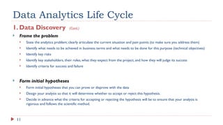 11
Data Analytics Life Cycle
1. Data Discovery (Cont.)
 Frame the problem
 State the analytics problem; clearly articulate the current situation and pain points (to make sure you address them)
 Identify what needs to be achieved in business terms and what needs to be done for this purpose (technical objectives)
 Identify key risks
 Identify key stakeholders, their roles, what they expect from the project, and how they will judge its success
 Identify criteria for success and failure
 Form initial hypotheses
 Form initial hypotheses that you can prove or disprove with the data
 Design your analysis so that it will determine whether to accept or reject this hypothesis.
 Decide in advance what the criteria for accepting or rejecting the hypothesis will be to ensure that your analysis is
rigorous and follows the scientific method.
 