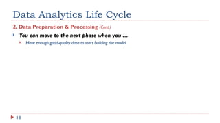 18
Data Analytics Life Cycle
2. Data Preparation & Processing (Cont.)
 You can move to the next phase when you …
 Have enough good-quality data to start building the model
 