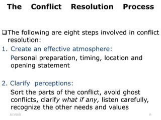 The Conflict Resolution Process
The following are eight steps involved in conflict
resolution:
1. Create an effective atmosphere:
Personal preparation, timing, location and
opening statement
2. Clarify perceptions:
Sort the parts of the conflict, avoid ghost
conflicts, clarify what if any, listen carefully,
recognize the other needs and values
2/15/2021 15
 