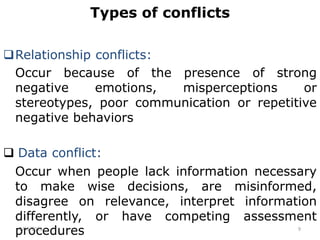 Types of conflicts
Relationship conflicts:
Occur because of the presence of strong
negative emotions, misperceptions or
stereotypes, poor communication or repetitive
negative behaviors
 Data conflict:
Occur when people lack information necessary
to make wise decisions, are misinformed,
disagree on relevance, interpret information
differently, or have competing assessment
procedures
2/15/2021 9
 