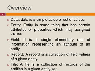 Overview
 Data: data is a simple value or set of values.
 Entity: Entity is some thing that has certain
attributes or properties which may assigned
values.
 Field: It is a single elementary unit of
information representing an attribute of an
entity.
 Record: A record is a collection of field values
of a given entity.
 File: A file is a collection of records of the
entities in a given entity set.
2
 