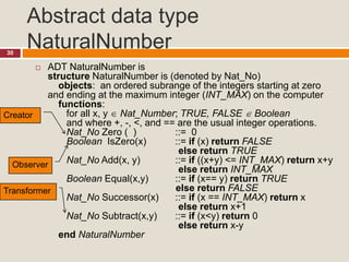 Abstract data type
NaturalNumber30
 ADT NaturalNumber is
structure NaturalNumber is (denoted by Nat_No)
objects: an ordered subrange of the integers starting at zero
and ending at the maximum integer (INT_MAX) on the computer
functions:
for all x, y  Nat_Number; TRUE, FALSE  Boolean
and where +, -, <, and == are the usual integer operations.
Nat_No Zero ( ) ::= 0
Boolean IsZero(x) ::= if (x) return FALSE
else return TRUE
Nat_No Add(x, y) ::= if ((x+y) <= INT_MAX) return x+y
else return INT_MAX
Boolean Equal(x,y) ::= if (x== y) return TRUE
else return FALSE
Nat_No Successor(x) ::= if (x == INT_MAX) return x
else return x+1
Nat_No Subtract(x,y) ::= if (x<y) return 0
else return x-y
end NaturalNumber
Creator
Observer
Transformer
 