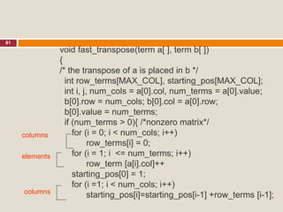 81
void fast_transpose(term a[ ], term b[ ])
{
/* the transpose of a is placed in b */
int row_terms[MAX_COL], starting_pos[MAX_COL];
int i, j, num_cols = a[0].col, num_terms = a[0].value;
b[0].row = num_cols; b[0].col = a[0].row;
b[0].value = num_terms;
if (num_terms > 0){ /*nonzero matrix*/
for (i = 0; i < num_cols; i++)
row_terms[i] = 0;
for (i = 1; i <= num_terms; i++)
row_term [a[i].col]++
starting_pos[0] = 1;
for (i =1; i < num_cols; i++)
starting_pos[i]=starting_pos[i-1] +row_terms [i-1];
columns
elements
columns
 