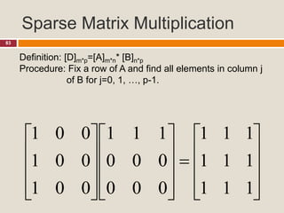 Sparse Matrix Multiplication
83
Definition: [D]m*p=[A]m*n* [B]n*p
Procedure: Fix a row of A and find all elements in column j
of B for j=0, 1, …, p-1.































111
111
111
000
000
111
001
001
001
 