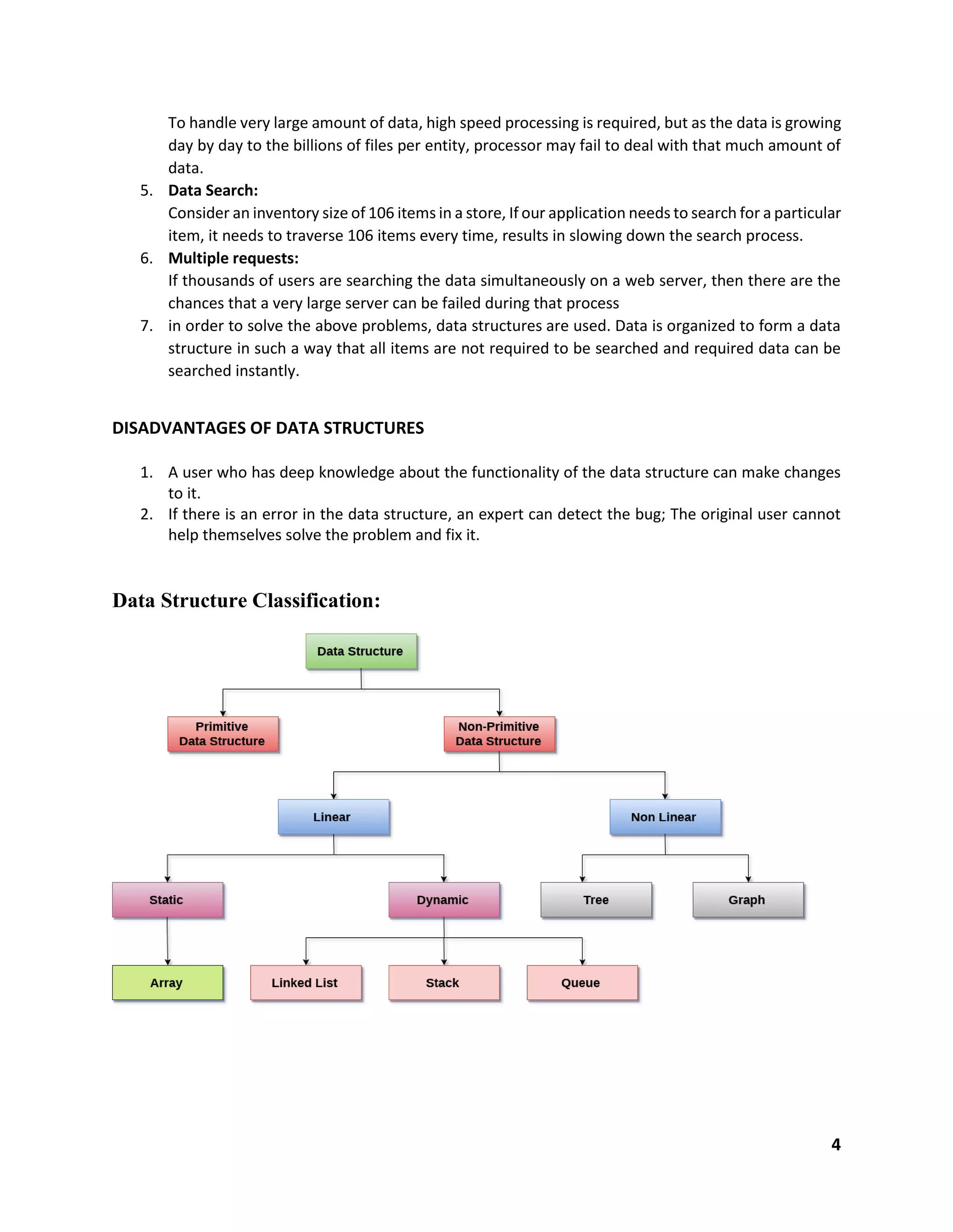 4
To handle very large amount of data, high speed processing is required, but as the data is growing
day by day to the billions of files per entity, processor may fail to deal with that much amount of
data.
5. Data Search:
Consider an inventory size of 106 items in a store, If our application needs to search for a particular
item, it needs to traverse 106 items every time, results in slowing down the search process.
6. Multiple requests:
If thousands of users are searching the data simultaneously on a web server, then there are the
chances that a very large server can be failed during that process
7. in order to solve the above problems, data structures are used. Data is organized to form a data
structure in such a way that all items are not required to be searched and required data can be
searched instantly.
DISADVANTAGES OF DATA STRUCTURES
1. A user who has deep knowledge about the functionality of the data structure can make changes
to it.
2. If there is an error in the data structure, an expert can detect the bug; The original user cannot
help themselves solve the problem and fix it.
Data Structure Classification:
 