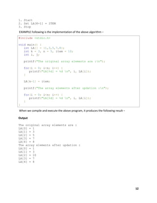 12
1. Start
2. Set LA[K-1] = ITEM
3. Stop
EXAMPLE Following is the implementation of the above algorithm −
#include <stdio.h>
void main() {
int LA[] = {1,3,5,7,8};
int k = 3, n = 5, item = 10;
int i, j;
printf("The original array elements are :n");
for(i = 0; i<n; i++) {
printf("LA[%d] = %d n", i, LA[i]);
}
LA[k-1] = item;
printf("The array elements after updation :n");
for(i = 0; i<n; i++) {
printf("LA[%d] = %d n", i, LA[i]);
}
}
When we compile and execute the above program, it produces the following result −
Output
The original array elements are :
LA[0] = 1
LA[1] = 3
LA[2] = 5
LA[3] = 7
LA[4] = 8
The array elements after updation :
LA[0] = 1
LA[1] = 3
LA[2] = 10
LA[3] = 7
LA[4] = 8
 