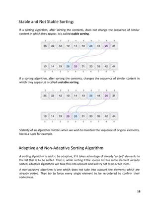 16
Stable and Not Stable Sorting:
If a sorting algorithm, after sorting the contents, does not change the sequence of similar
content in which they appear, it is called stable sorting.
If a sorting algorithm, after sorting the contents, changes the sequence of similar content in
which they appear, it is called unstable sorting.
Stability of an algorithm matters when we wish to maintain the sequence of original elements,
like in a tuple for example.
Adaptive and Non-Adaptive Sorting Algorithm
A sorting algorithm is said to be adaptive, if it takes advantage of already 'sorted' elements in
the list that is to be sorted. That is, while sorting if the source list has some element already
sorted, adaptive algorithms will take this into account and will try not to re-order them.
A non-adaptive algorithm is one which does not take into account the elements which are
already sorted. They try to force every single element to be re-ordered to confirm their
sortedness.
 